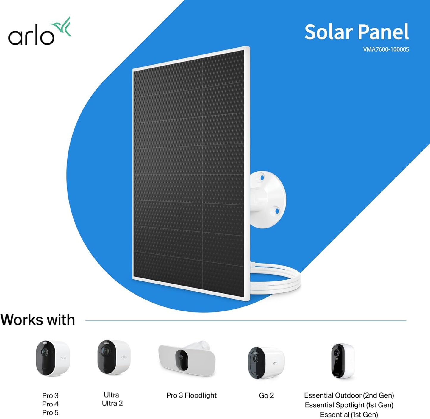 Arlo Solar Panel Charger (White), Arlo Certified Accessory, Weather Resistant, Easy Install (2025 Released), Works with: Essential Series, Go 2, Pro 3/4/5S/6/6 XL, Ultra Series, Wireless Floodlights