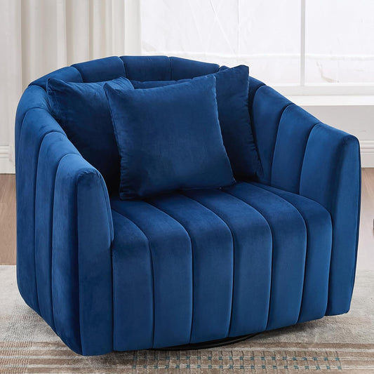 40.35" Oversized Swivel Accent Chairs Navy, with 3 Pillows Velvet Swivel Chairs for Living Room,Modern Barrel Chair