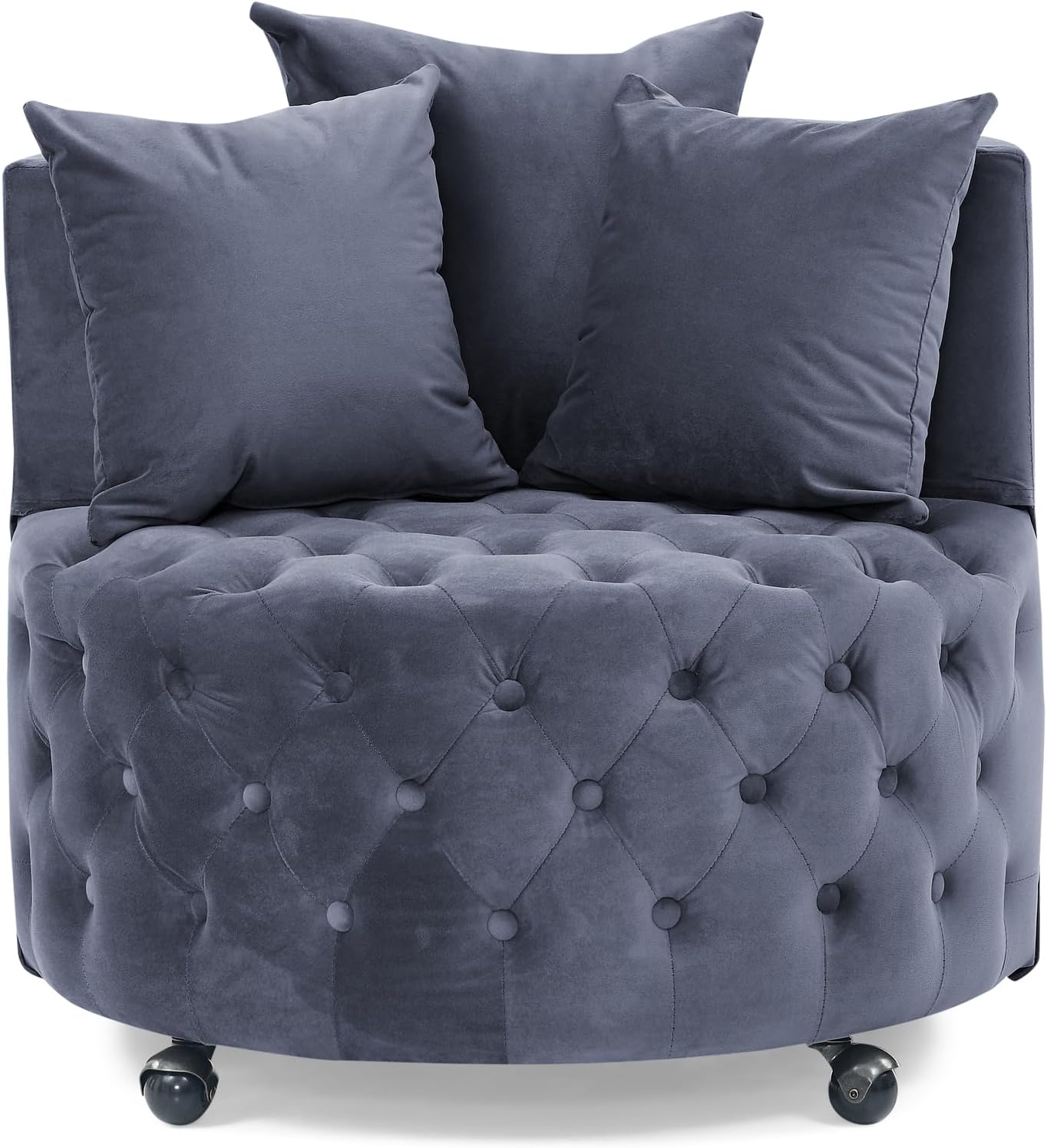 Velvet Upholstered Swivel Chair, Comfy Corner Chair with Button Tufted Design and Movable Wheels, Including 3 Pillows for Living Room (Beige)