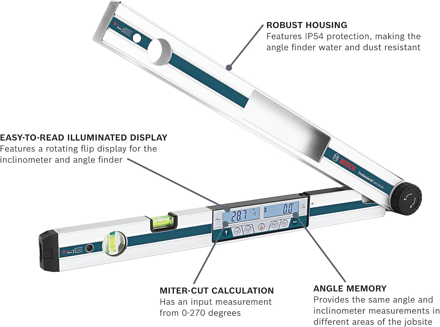 BOSCH GAM 270 MFL 5-in-1 Digital Angle Finder and Inclinometer, Includes Leg Extension, 4 AA Batteries, & Carrying Case