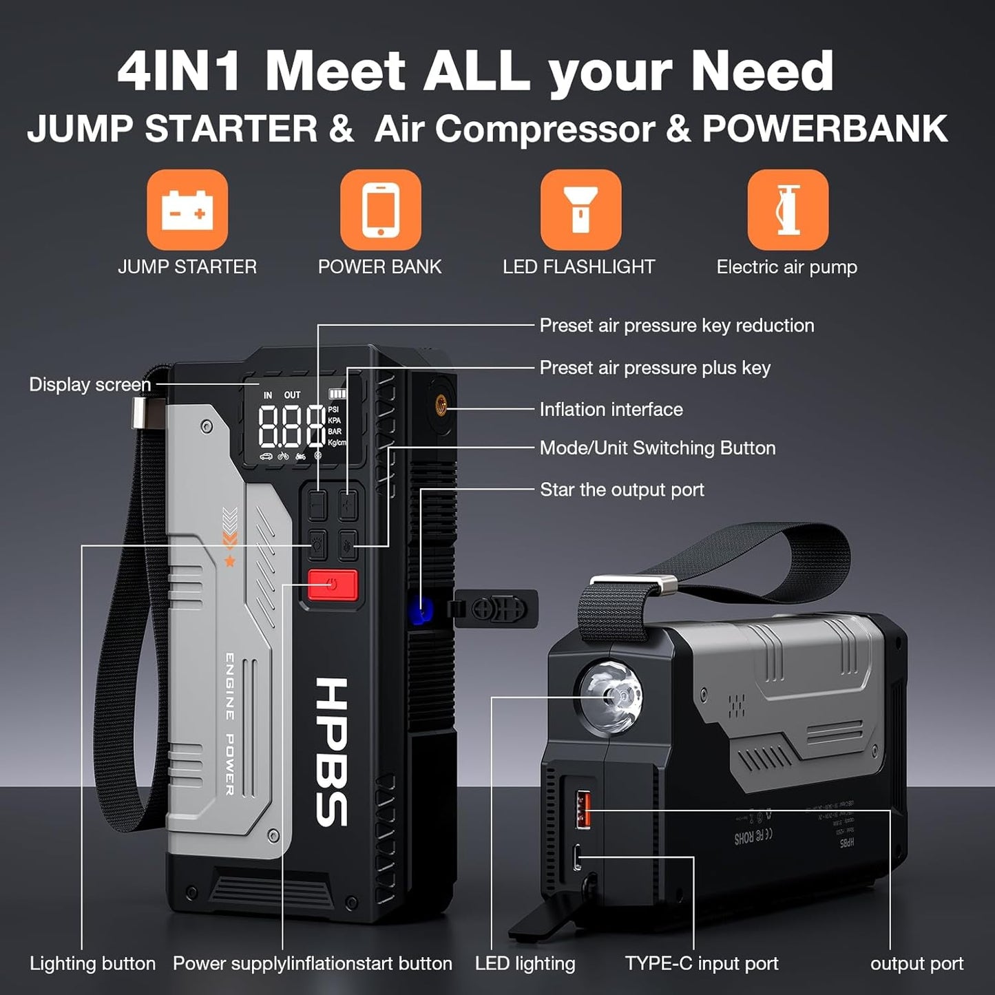 Car Jump Starter with Air Compressor, 5000A Portable Jump Starter Car Pack with 150PSI Tire Inflator for Up to 10.0L Gas and 8.0L Diesel Engines, 12V Jump Starter Box with LCD Display