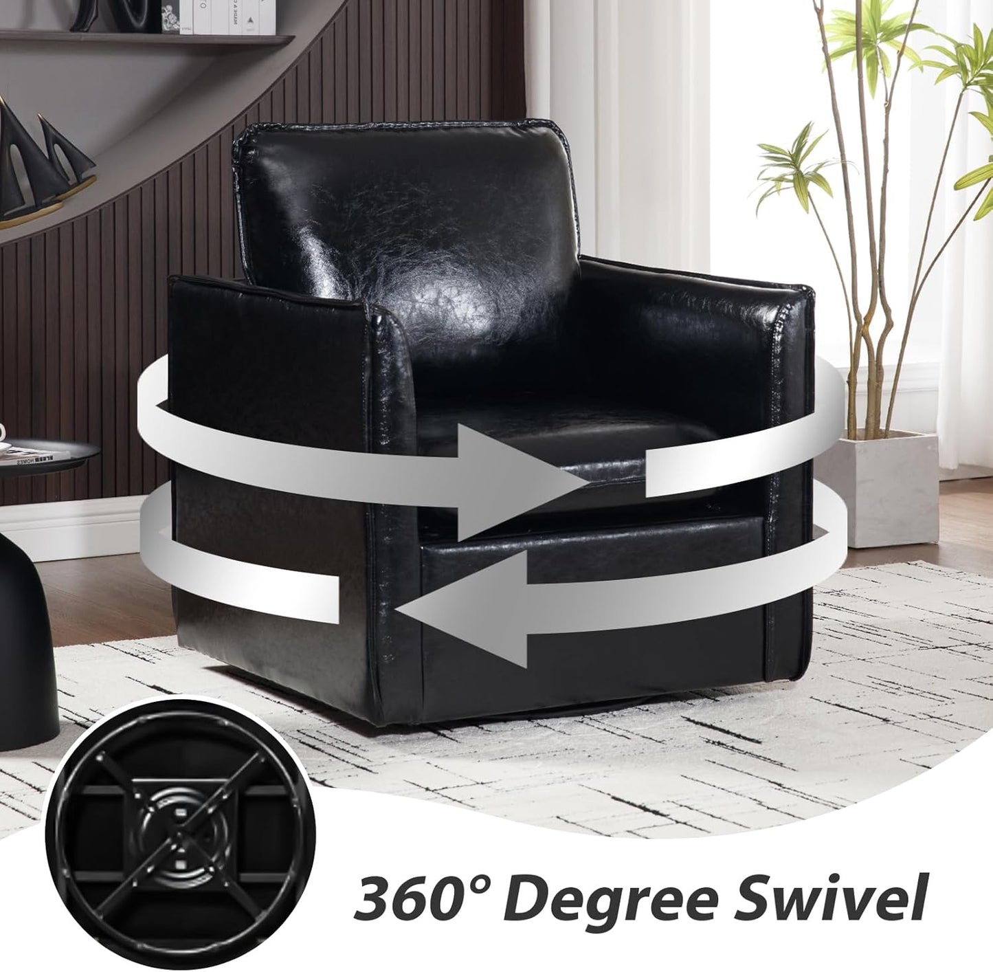 Swivel Accent Chair Set of 2, Leather Upholstered Arm Chair with Back Pillow Mid Century Modern Barrel Chairs for Living Room, Bedroom, Corner, Club (Black)