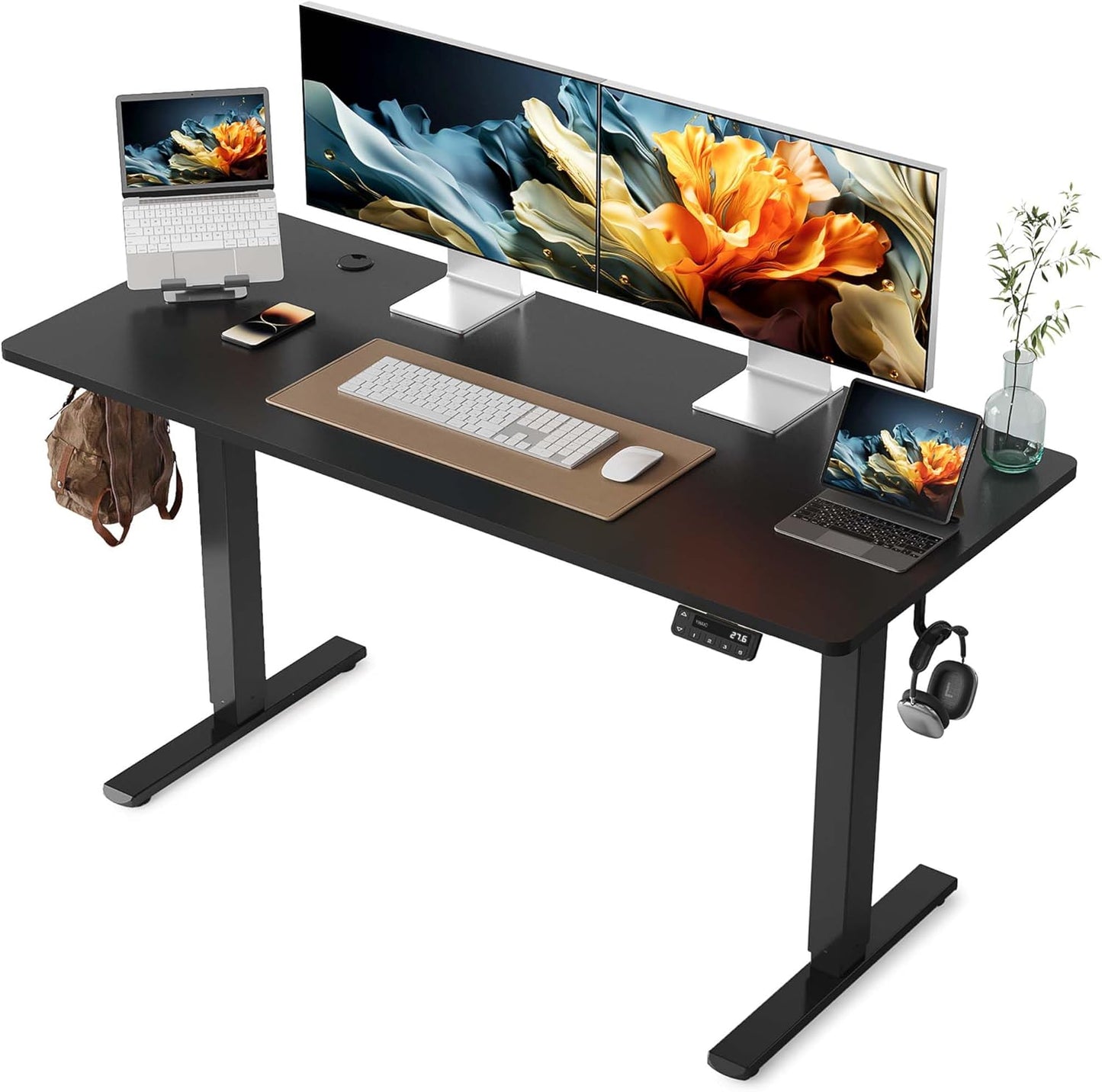 YIHAYO Electric Standing Desk, 48 x 24 Inches Stand Up Desk with Splice Board, Adjustable Height Desk, Computer Desk for Home Office, Black Frame/Rustic Brown Top