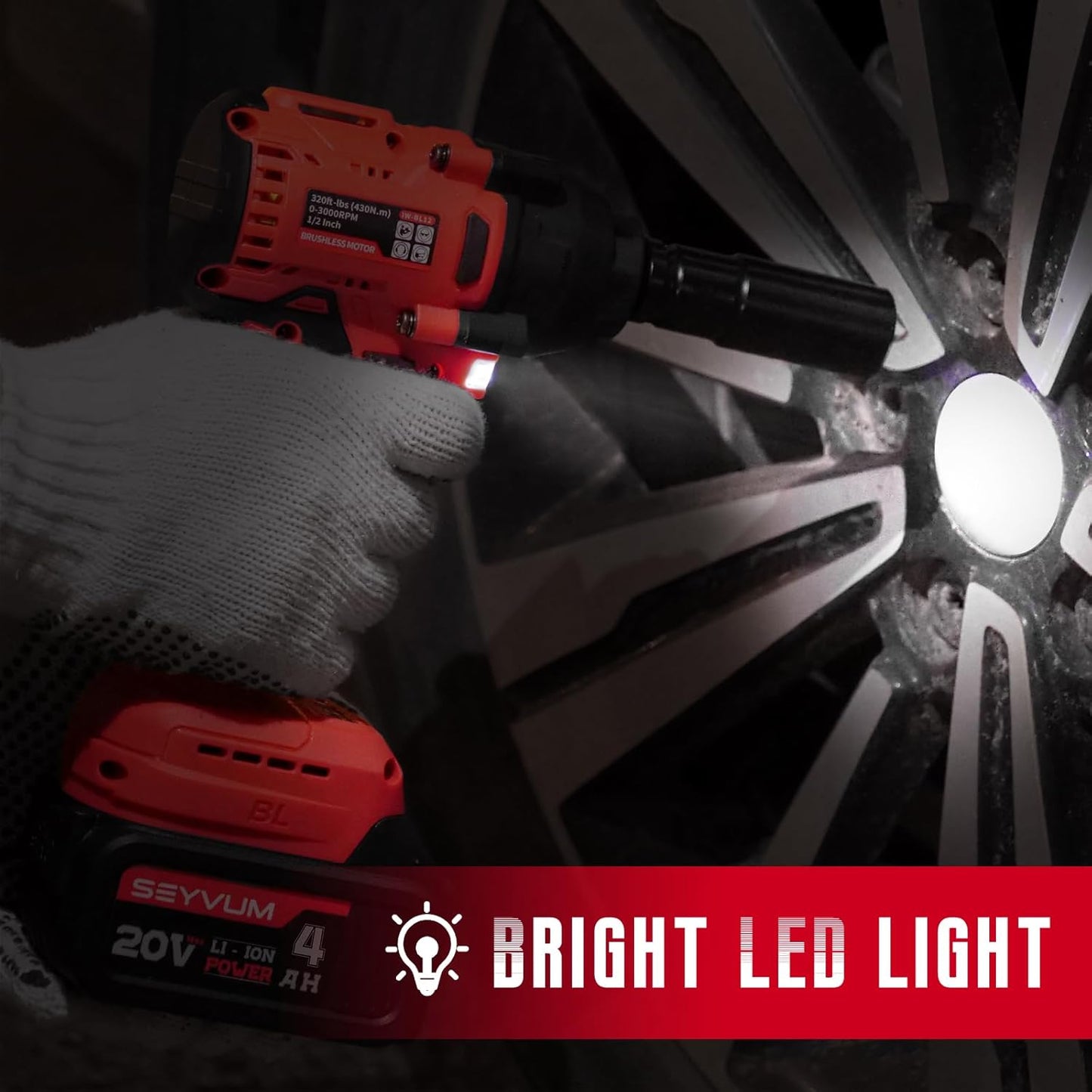 SEYVUM Impact Wrench,1/2" Impact Gun, Power Impact Driver Max Torque 320 Ft-lbs (430N.m), Cordless Impact Wrench with 20V Brushless Motor, 4.0Ah Li-ion Battery with Fast Charger, 4 Pcs Impact Sockets