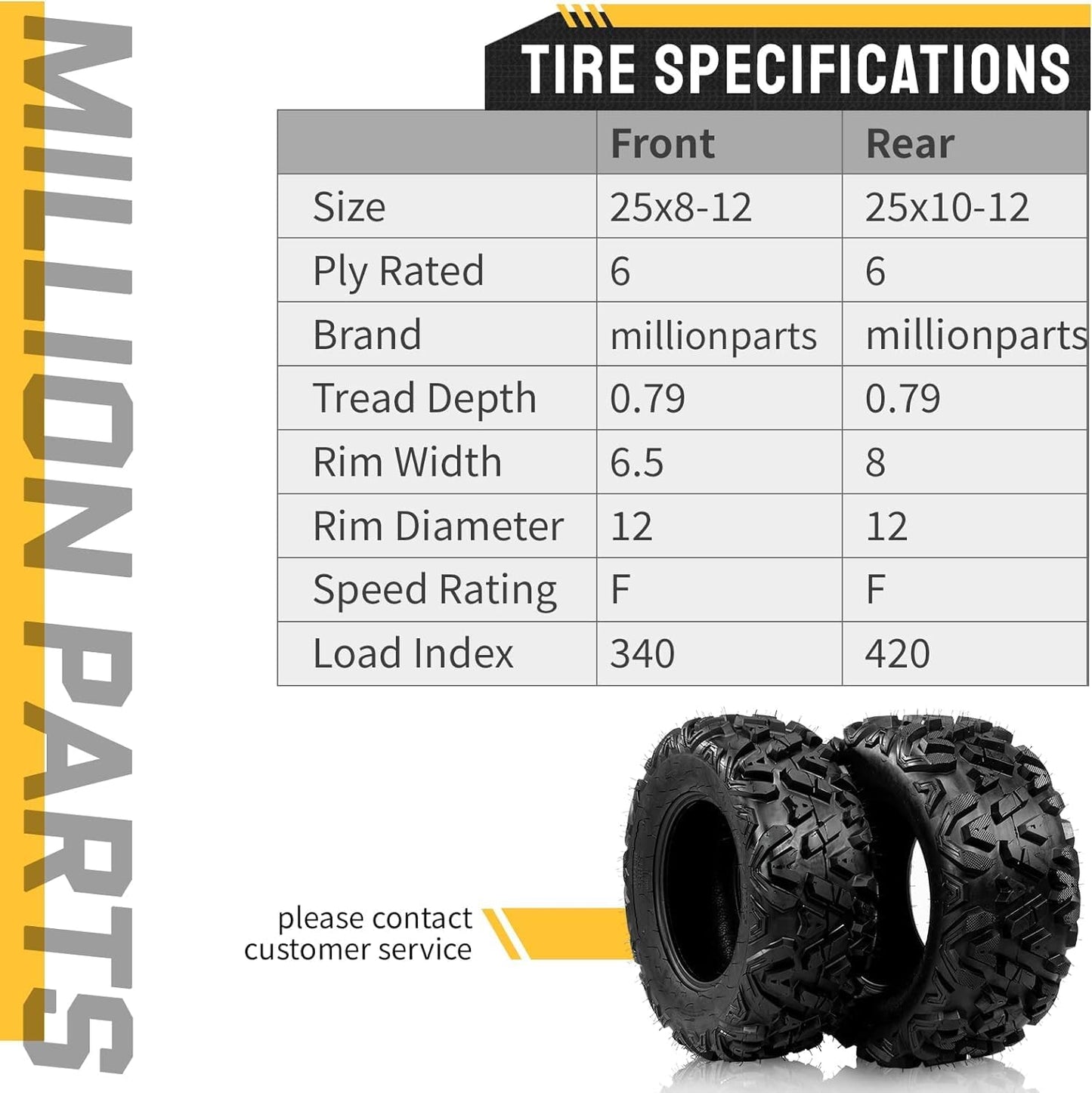 Complete Set of 4 All Terrain ATV UTV Tires 25x8-12 Front & 25x10-12 Rear 6PR Tubeless