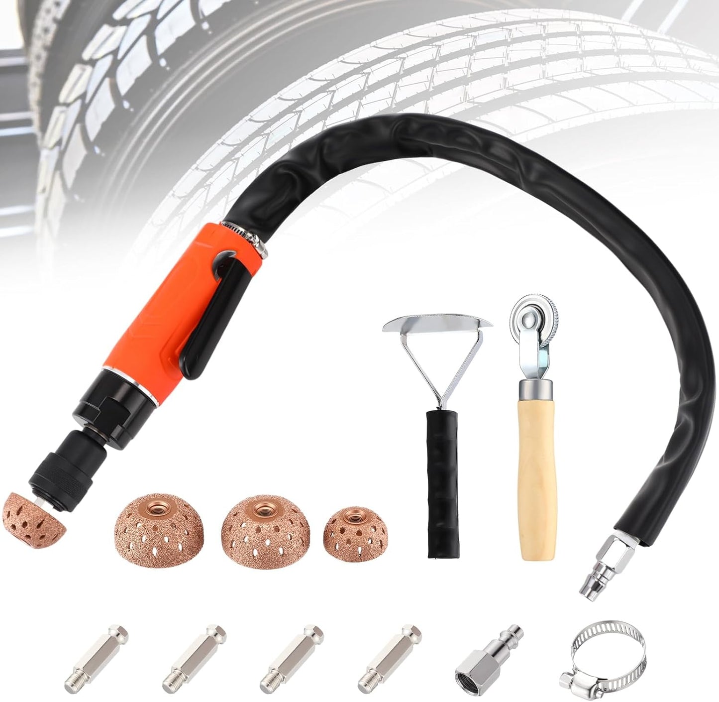 Air Tire Repair Polish Patch Tools Tire Repair Set Include 2500rpm Low Speed Air Tire Buffer Tire Inner Liner Scrapper Patch Roller 3pcs Tungsten Steel Buffing Wheel 42mm 55mm