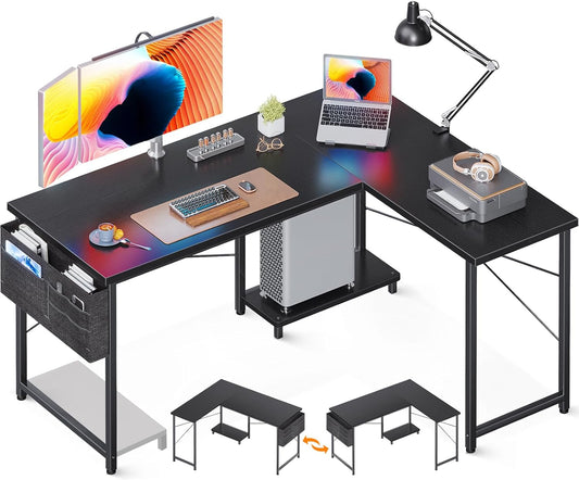 AODK L Shaped Desk, 50 Inch Computer Desk with Storage Bag, Reversible Home Office Desk with Host Stand, Black Corner Table for Bedroom Studio, Modern Wood PC Desk for Study Work