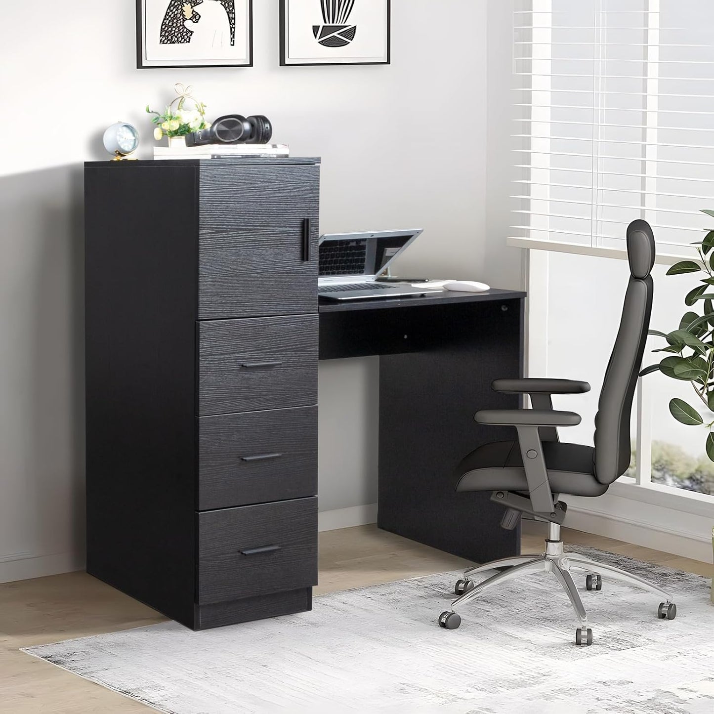 YUNWANG Computer Desk with 4 Drawers and Shelves, Gaming Desk with Power Outlets, Office Work Study Laptop Desk for Home Office Small Spaces