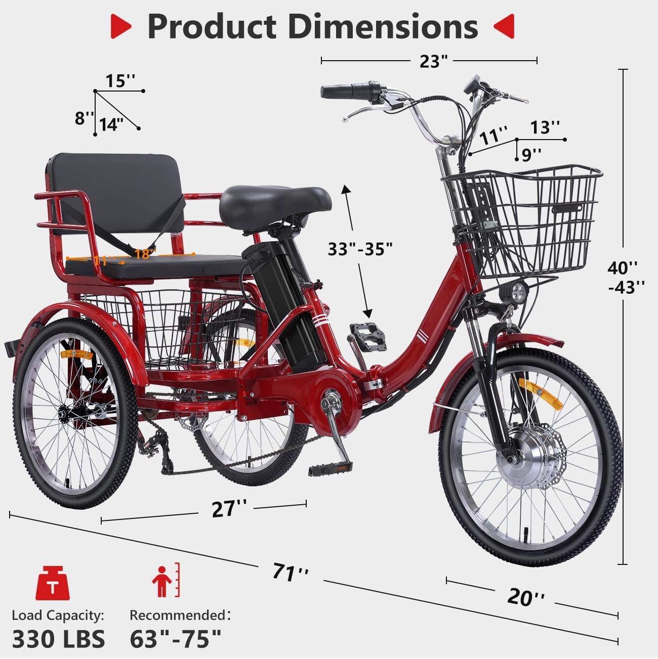 Two Seater Electric Tricycle for Adults, Peak 500W 3 Wheel Electric Bike with Passenger Seat, 48V 13Ah Battery, Folding Motorized Trike with Rear Basket for Women and Seniors