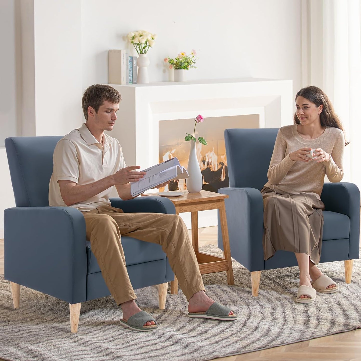 COLAMY Fabric Accent Living Room Chairs Set of 2, Upholstered Arm Chair Reading Side Chair, Single Sofa with Back Pillow and Wood Legs, Blue