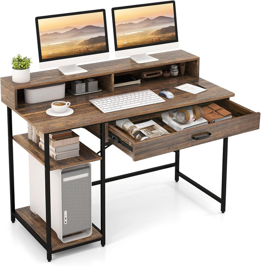 Tangkula Computer Desk with Storage Drawer & Monitor Stand, 48” Home Office Writing Desk with 2 Open Shelves & Compartments, Computer Workstation Writing Study Desk with Metal Frame (Rustic Brown)