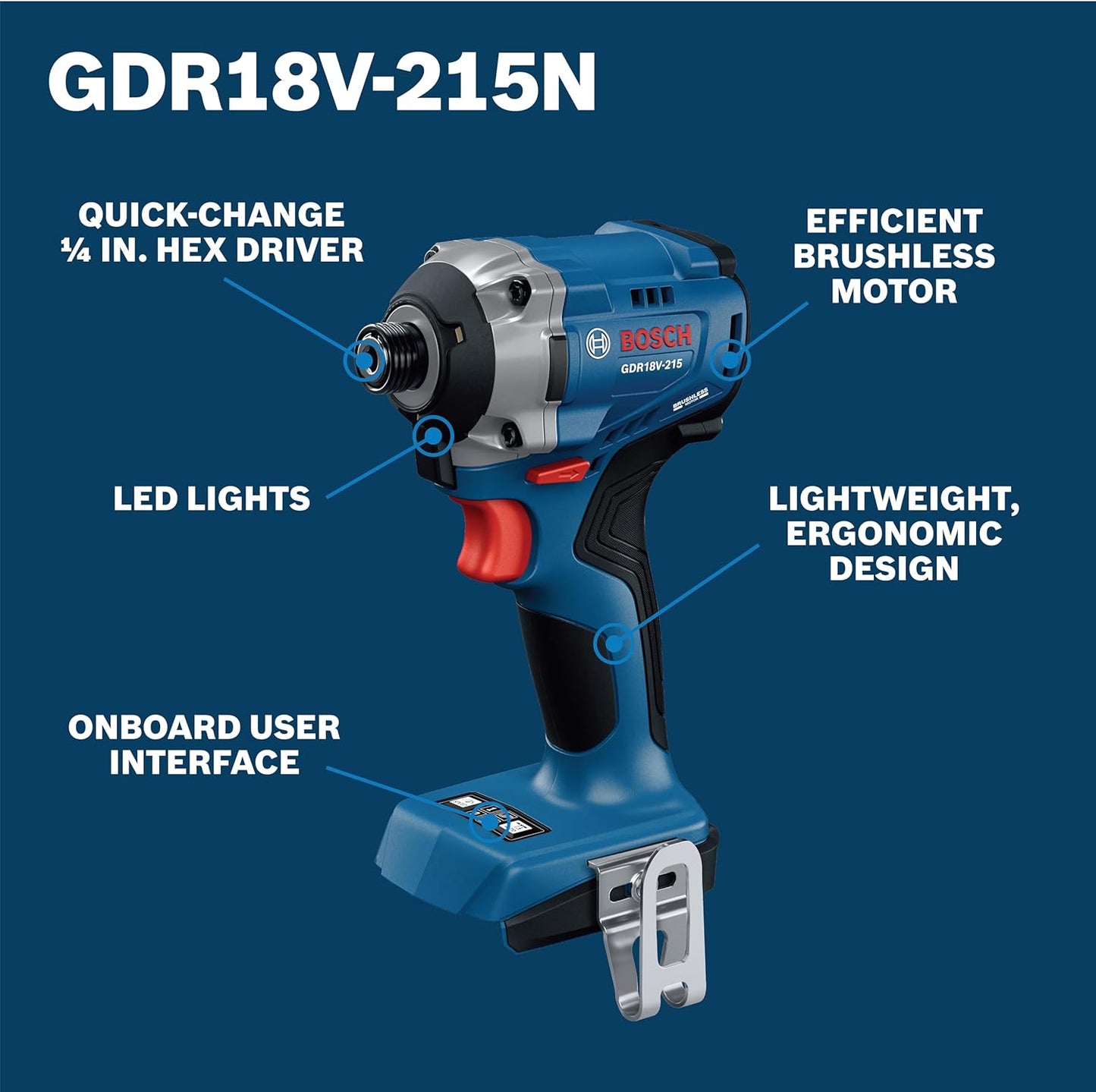 BOSCH GDR18V-215N 18V Brushless Impact Driver - 1,900 in-lbs Torque, 0-3,300 Impacts/Min, Compact Design,1/4 in Quick-Change Hex Drive (Bare Tool)