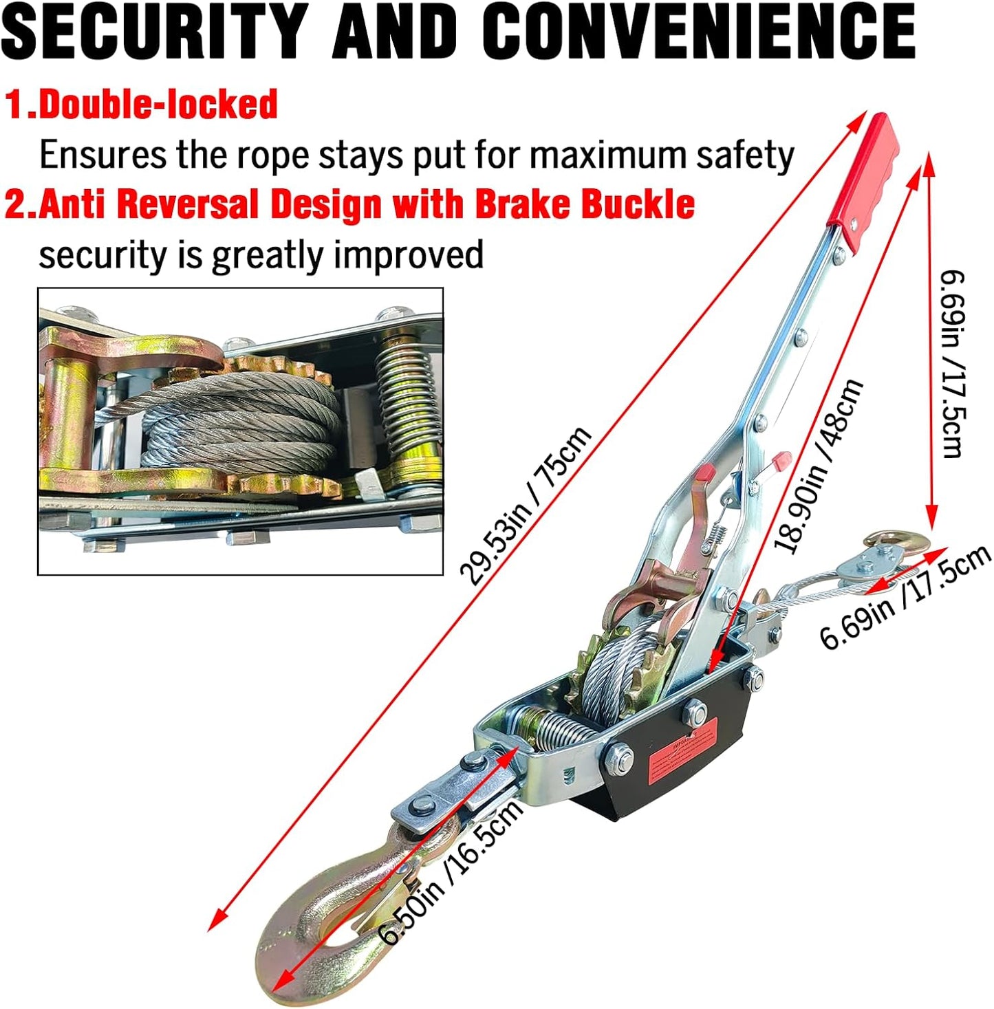 Come Along Winch - 11000 lbs/5T Pulling Capacity,12ft Steel Cable,3 Hooks,Dual Gear Power Puller,Automotive Hoist Cable Puller for Vehicle Rescue,Construction,and Farm