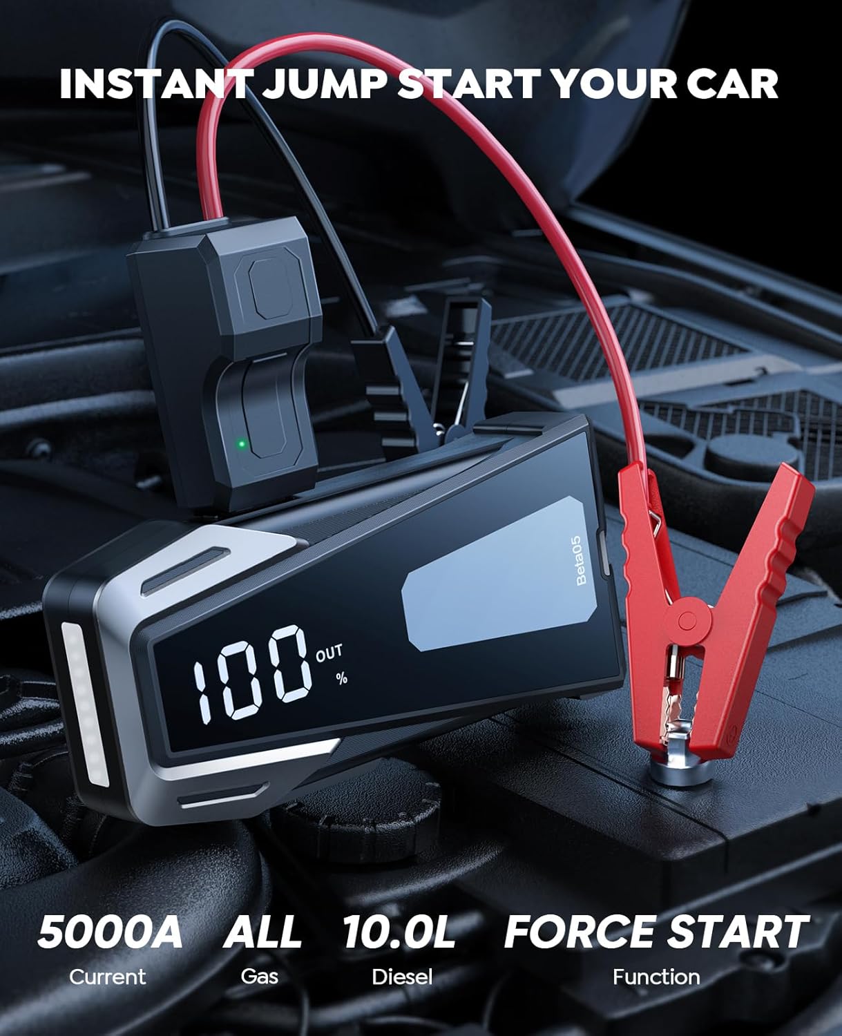 Car Battery Jump Starter 5000A 12V Safe Jump Box, Battery Jumper Starter Portable (All Gas/10.0L Diesel), Car Jump Starter Battery Pack with Extended Jumper Cables, Fast Charge, Lights