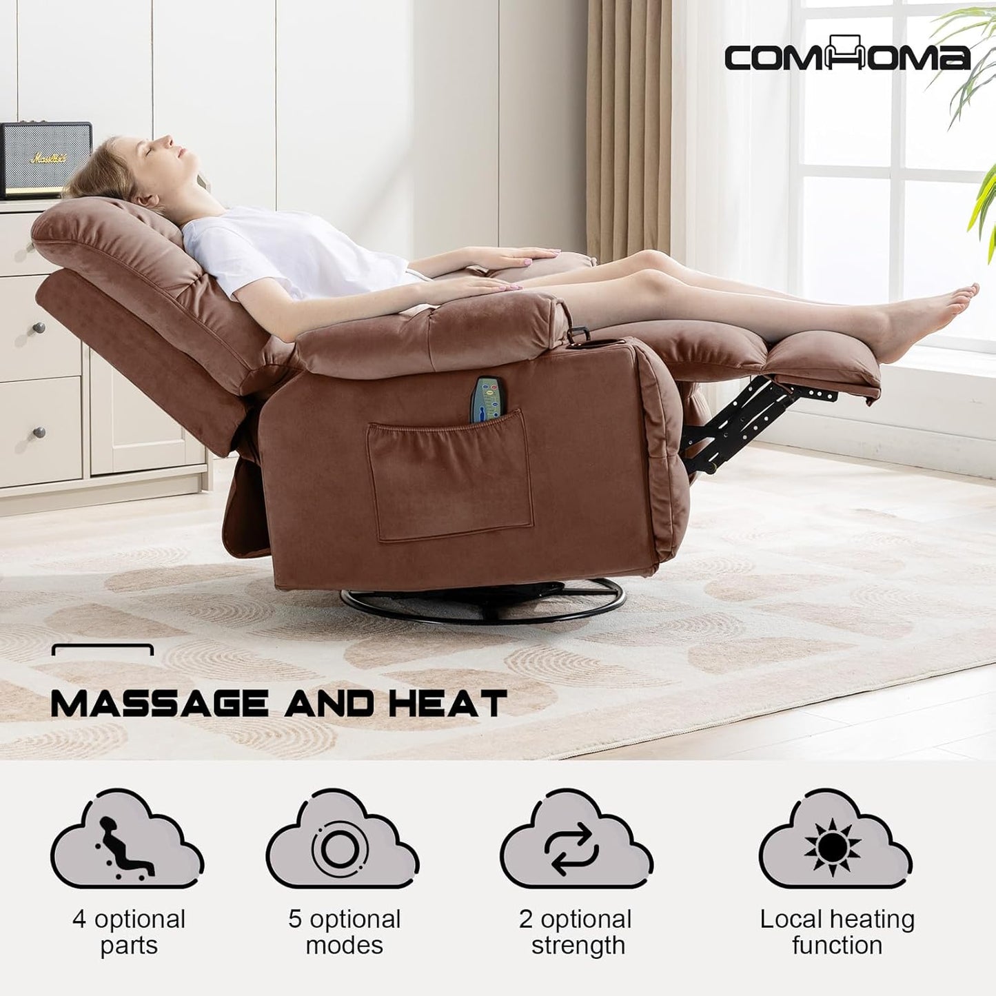 COMHOMA Recliner Chair, Swivel Rocker Recliner with Cup Holders, Heat and Massage, Fabric Recliners Sofa for Living Room (Brown)