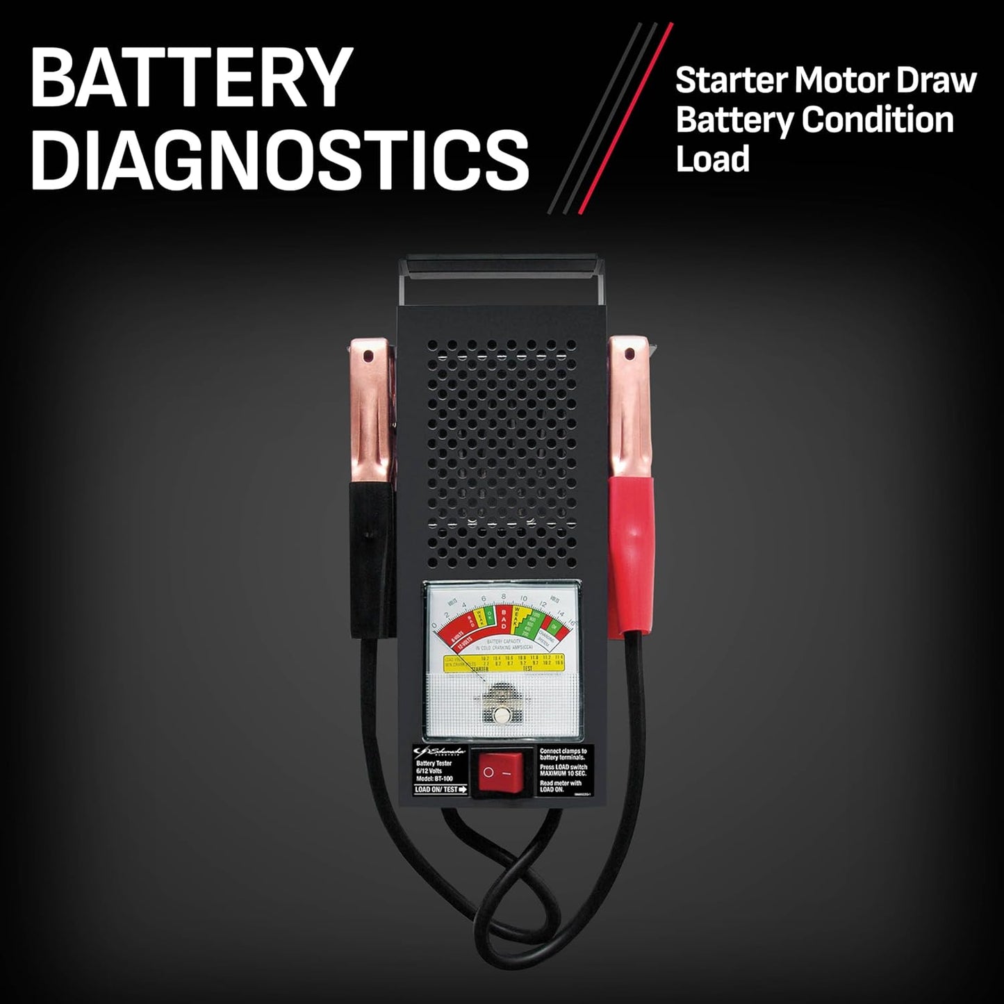 Schumacher Electric 100A Car Battery Load Tester and Voltmeter, for Batteries Up to 1000 Cranking Amps, Charging System Diagnosis, for 6V/12V Power Sport, Automotive, and Marine Batteries, BT-100