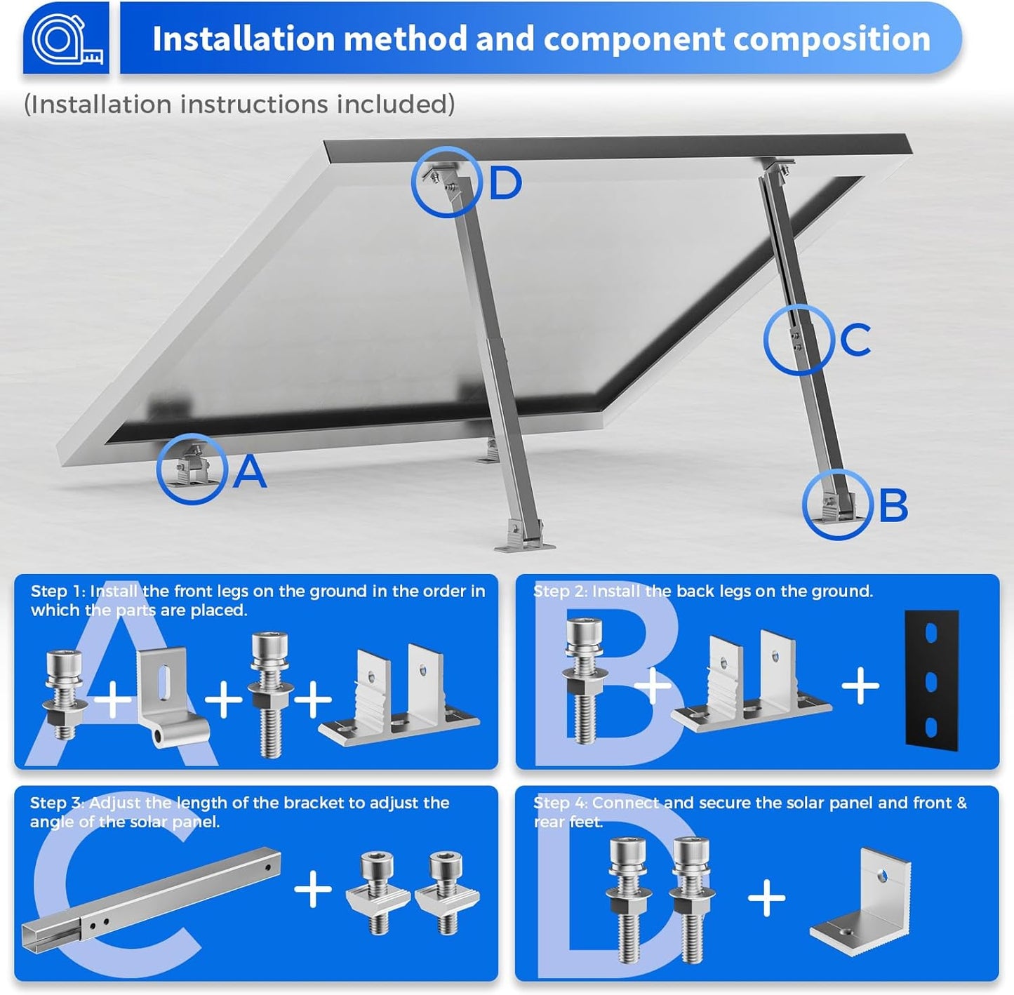2 Set Adjustable Solar Panel Tilt Mount Brackets Aluminum Alloy Mounting Bracket Stand Systems Support 50W 70W 100W 150W 200W 300W 400W Panels for Roof/Boat/Flat Surface