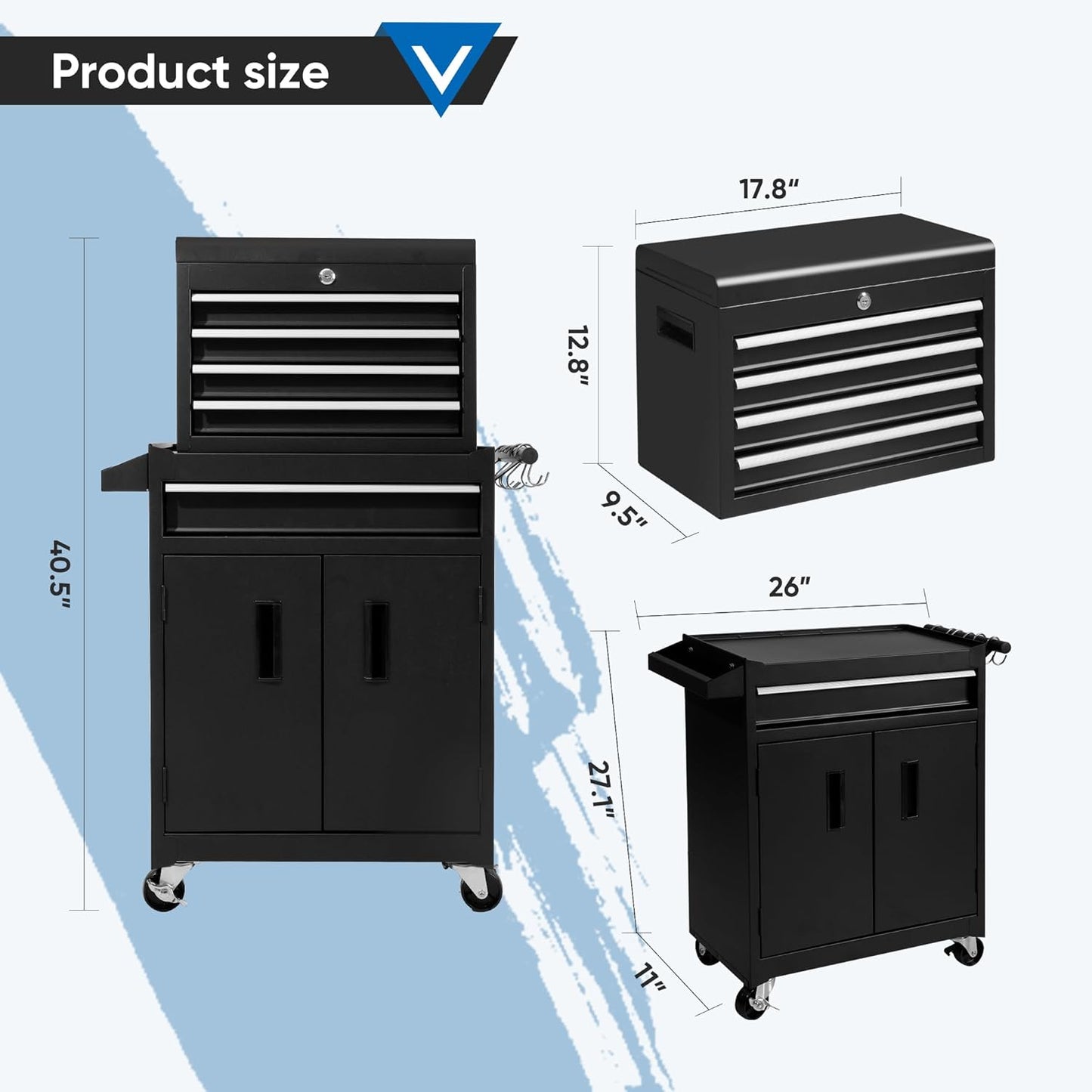 Steelite Tool Chest with Wheels, Large 5-Drawer Tool Box Organizer, Lockable Wheels & Sliding Drawers & Detachable Top & Adjustable Shelf, Metal Rolling Tool Cart for Garage Workshop