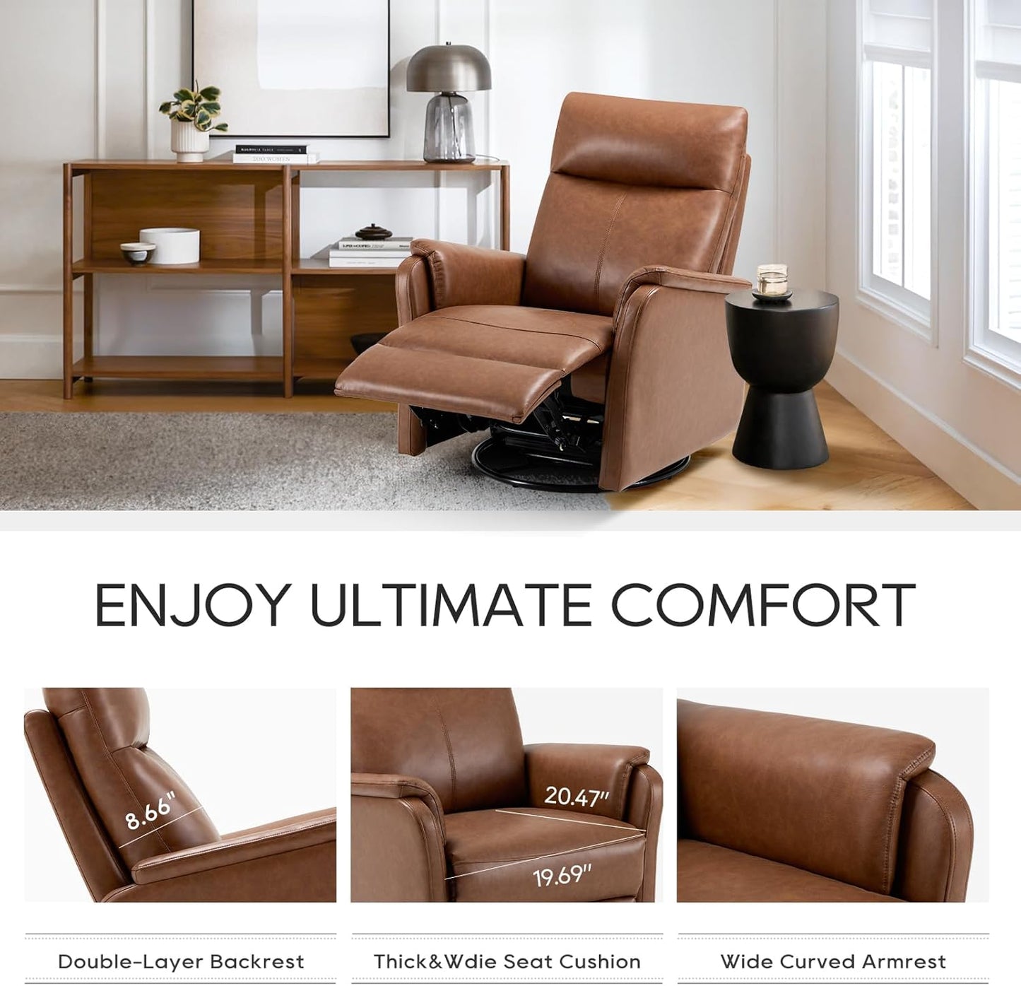 COLAMY Recliner Chair, Living Room Sofa Home Theater Seat PU Leather Couch with Footrest Cushion, Swivel Rocker Modern Bedroom Glider Chairs, Cocoa