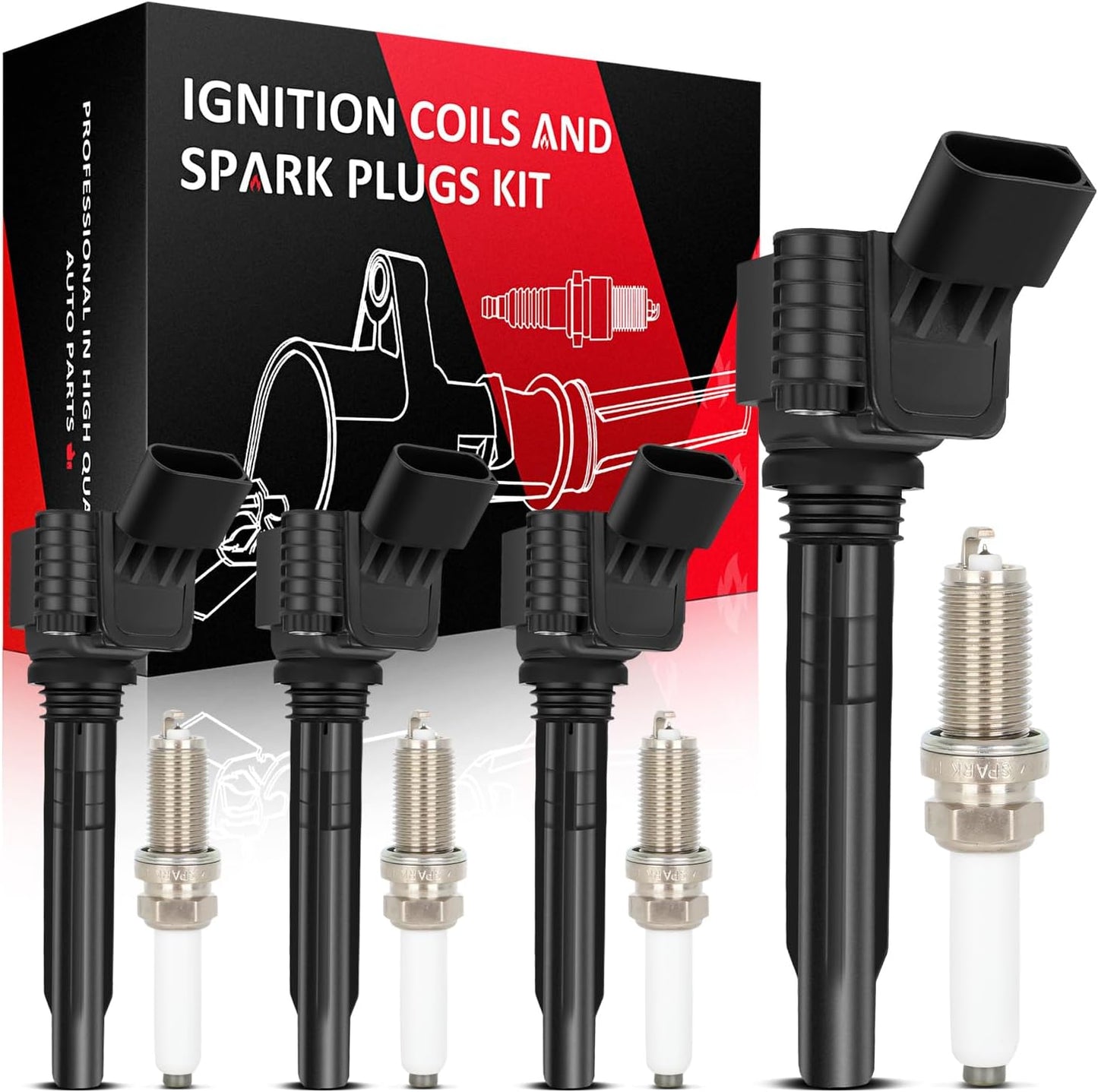 SCITOO ignition coils 4+Spark Plugs 4 4pcs Replacement for P-assat 1.8L 2001-2005,for J-etta 1.8L 2001 2002 2003 2004 2005,for A-udi A4 1.8L 2001-2007 Replace UF411 UF-437, UF-580, CO044