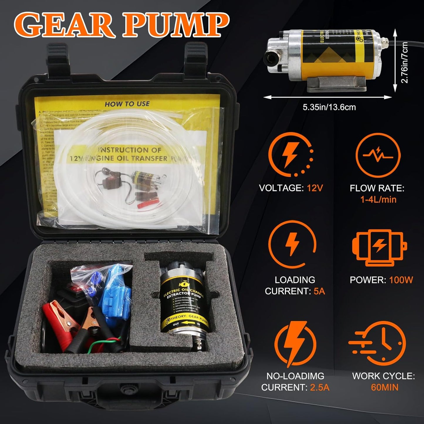 12V 100W Portable Oil Transfer Pump Set, 1-4L/min Fluid Transfer Pump for Engine Oil, Gear Oil, Lubricating Oil Change, Electric Self-Priming Motor Gear Oil Pump for Boat, Car, Trucks and Lawnmower