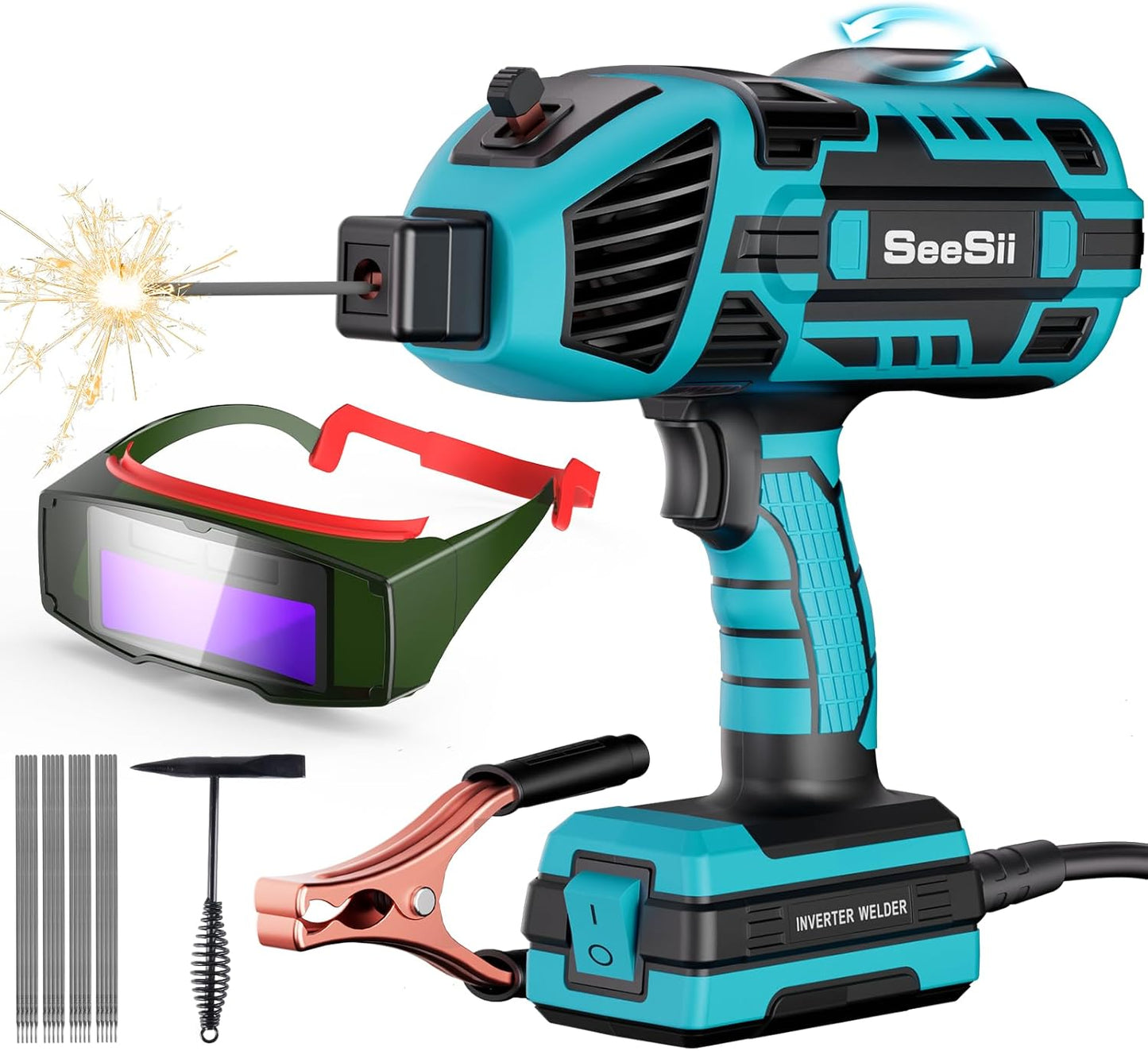 Seesii Handheld Welder,110V 120A Portable Welding Machine with True Color Auto Darkening Welding Goggles and Welding Chipping Hammer, Suitable for 3/64"-1/8" Welding Rods, Portable ARC Welder Gun