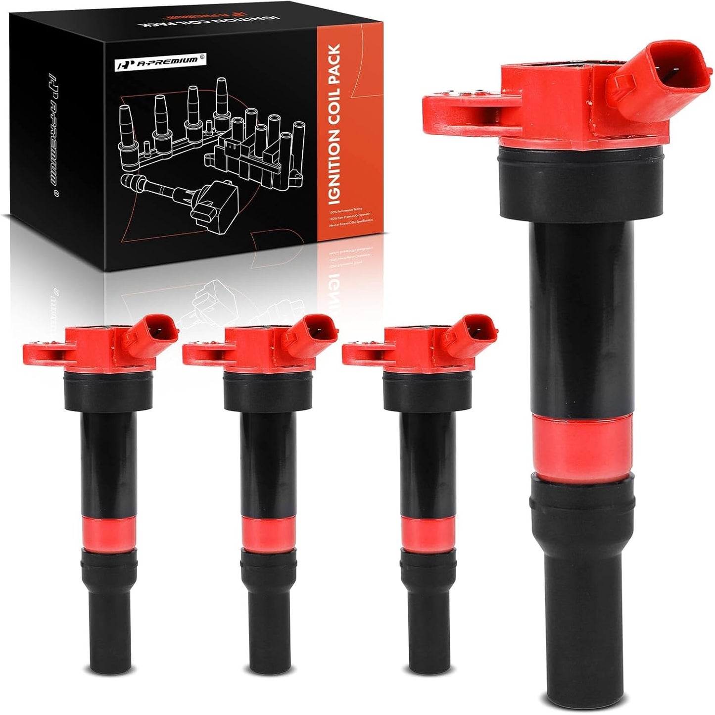 A-Premium (Red) Engine Ignition Coil Pack Compatible with Kia Soul 2012-2019, Forte 2014-2018, Rondo 2014 & Hyundai Elantra 2010-2020, Tucson 2014-2020, Elantra Coupe, Elantra GT, 1.8L 2.0L, 4-PC Set