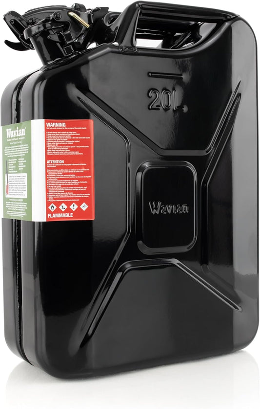 Wavian USA Authentic NATO Jerry Can and Spout System - Rust-Proof, EPA & CARB Compliant, Black, 20 Litre, Wavian 5 Gallon Gas Cans for Gasoline