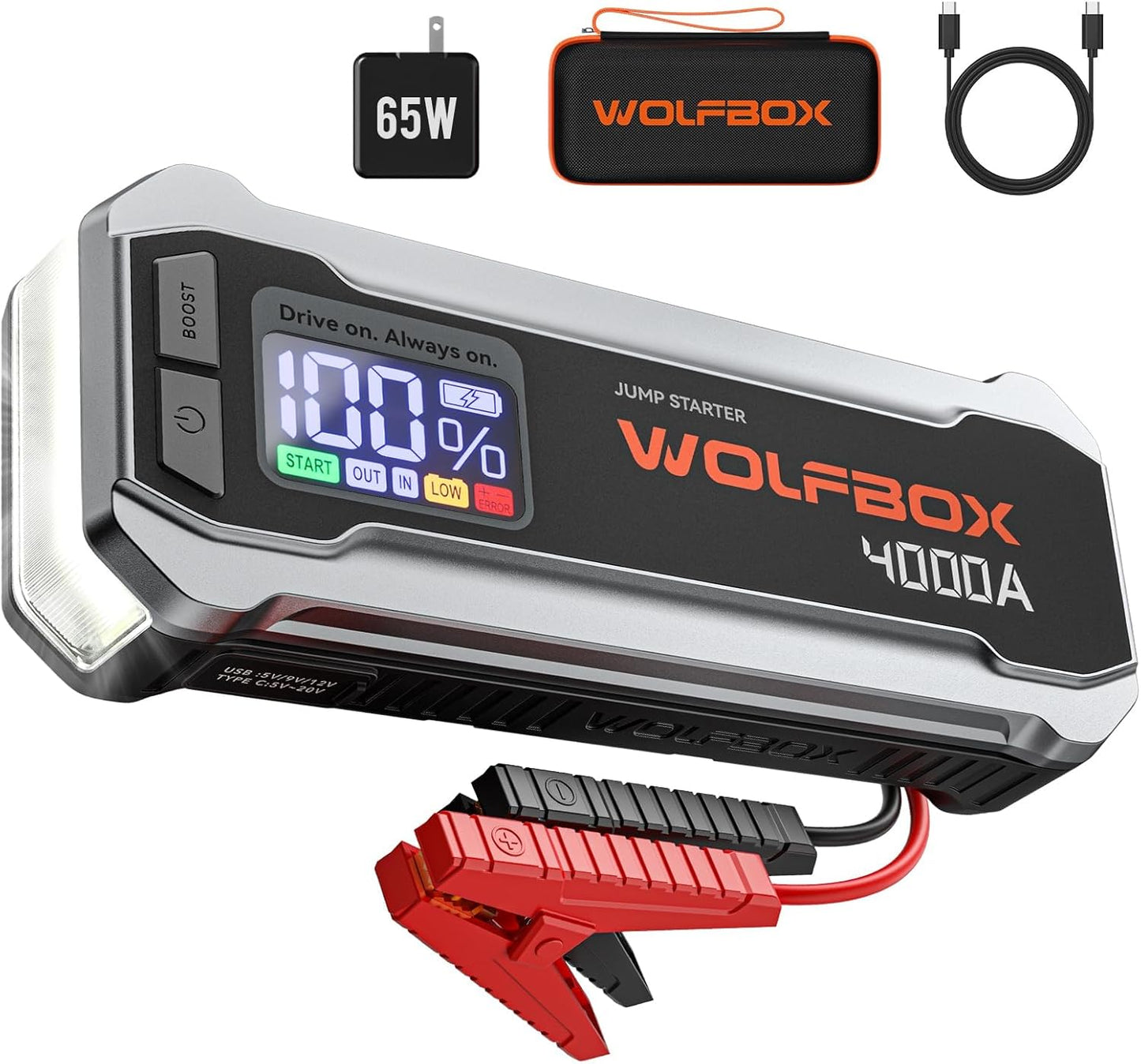WOLFBOX 2000A Jump Starter, 12000mAh Battery Jumper Starter Portable with LED Display, 12V Car Battery Jump Starter Pack (7L Gas 6L Diesel Engine) with Booster, LED Light, Jumper Cables (NO Adapter)