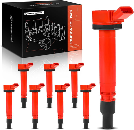 A-Premium (Red) Engine Ignition Coil Pack Compatible with Toyota Tundra 2007-2020, Sequoia 2008-2020, Land Cruiser 2008-2011 2013-2020 & Lexus GX460 2010-2020, LS460 2007-2017, LS600h, LX570, 8-PC Set