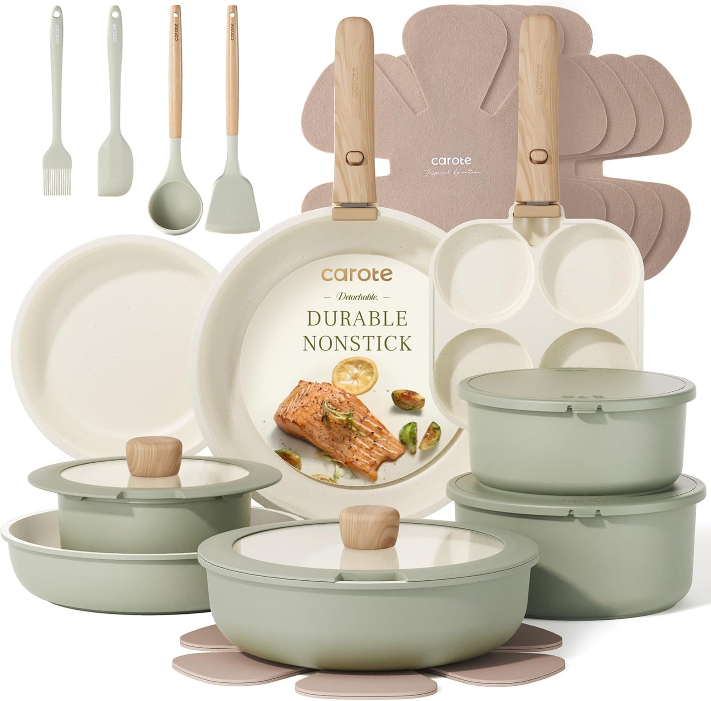 CAROTE Pots and Pans Set, Nonstick Cookware Set Detachable Handle, 19pcs Induction Kitchen Cookware Sets Non Stick with Removable Handle, RV Cookware Set, Oven Safe, Sage Green