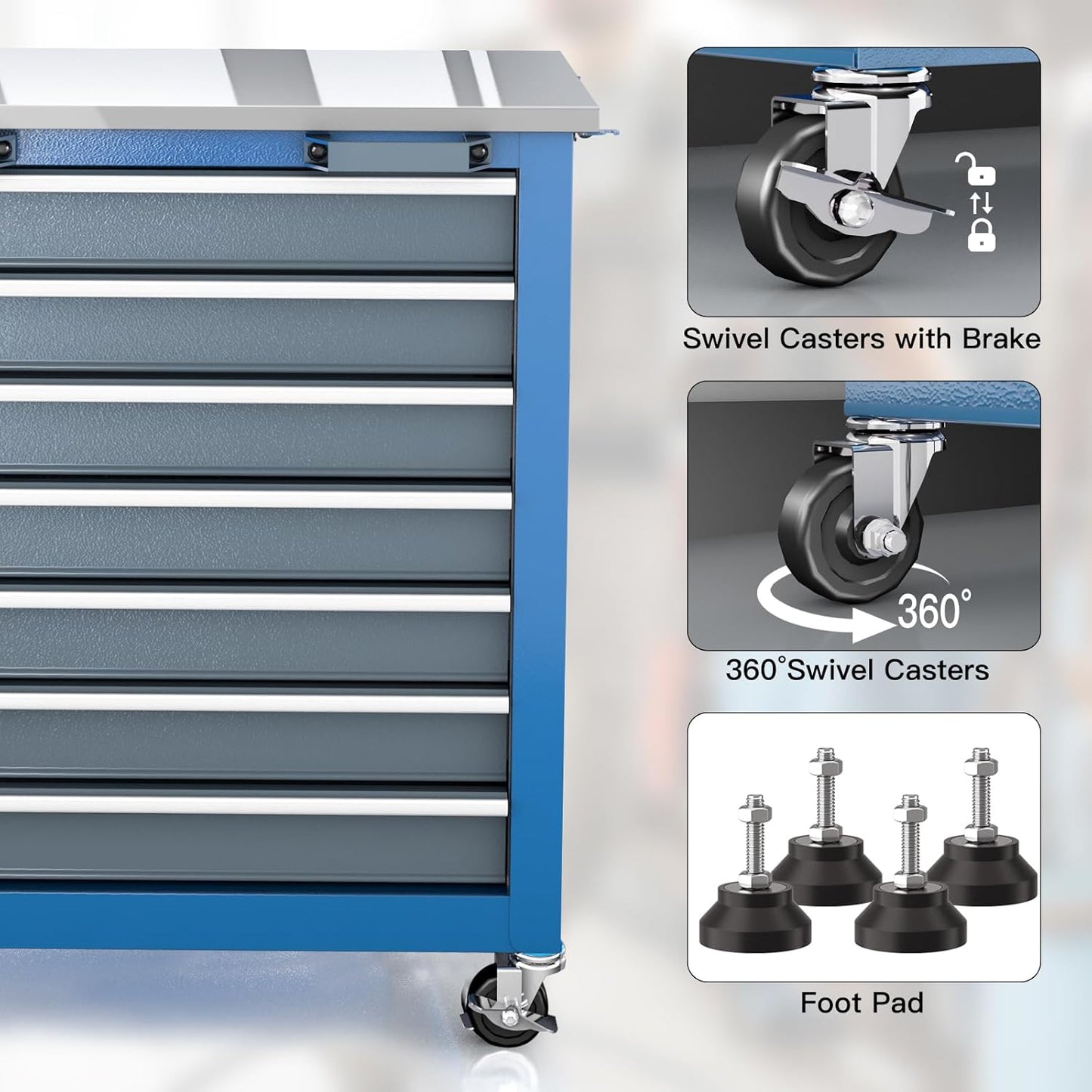 7-Drawer Rolling Tool Chest with 360°Wheels and Padded Feet,Tool Chest with Stainless Steel Countertop,Tool Cabinet with Secure Locking System,for Home, Garage and Office