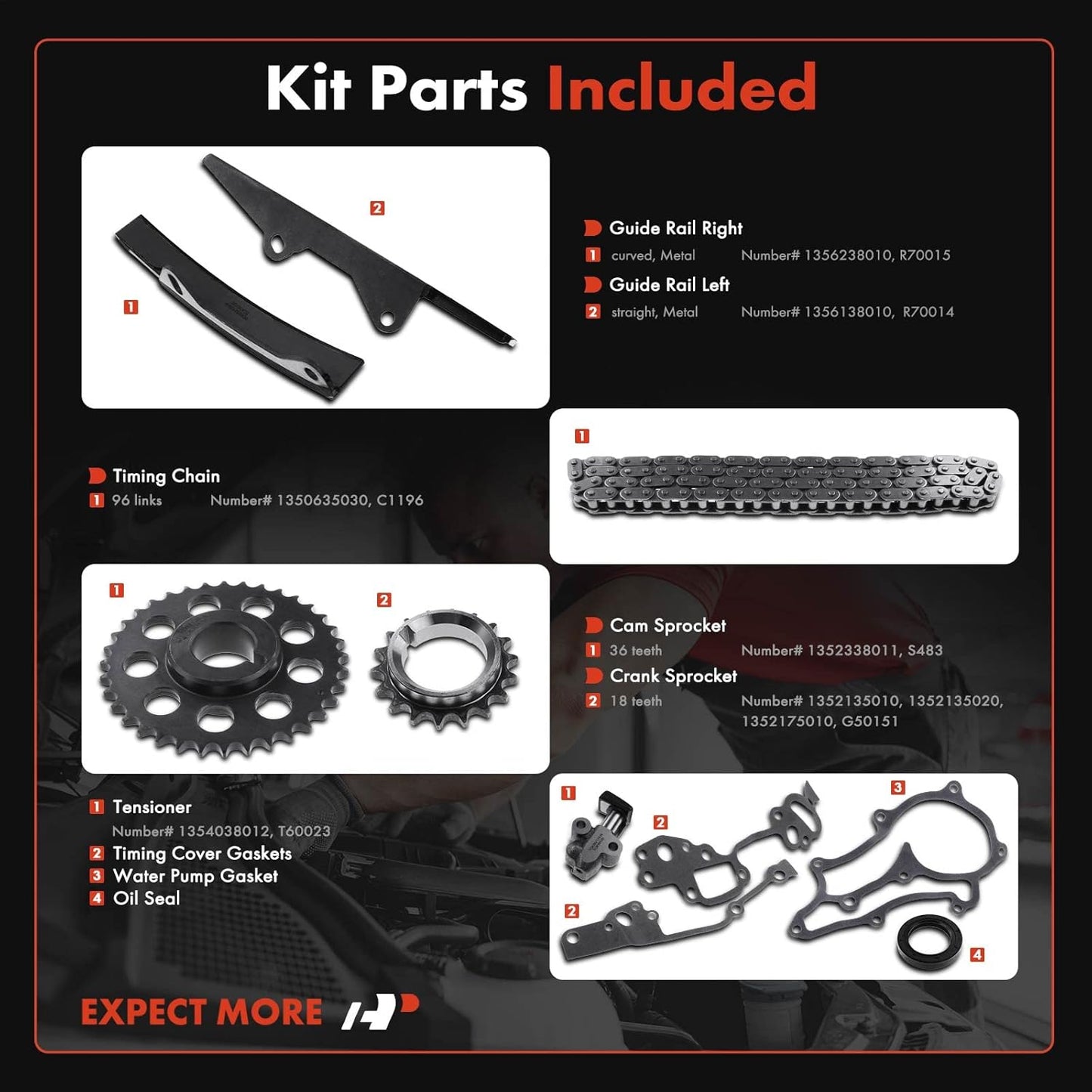 A-Premium Engine Timing Chain Kit W/Sprocket & Guide Rail [fits SOHC, 4Cyl 2.4L] Compatible with Toyota 4Runner 1985-1995, Pickup 1985-1995, Celica 1985, Replace# 1350635030, 1356238010, 1356138010