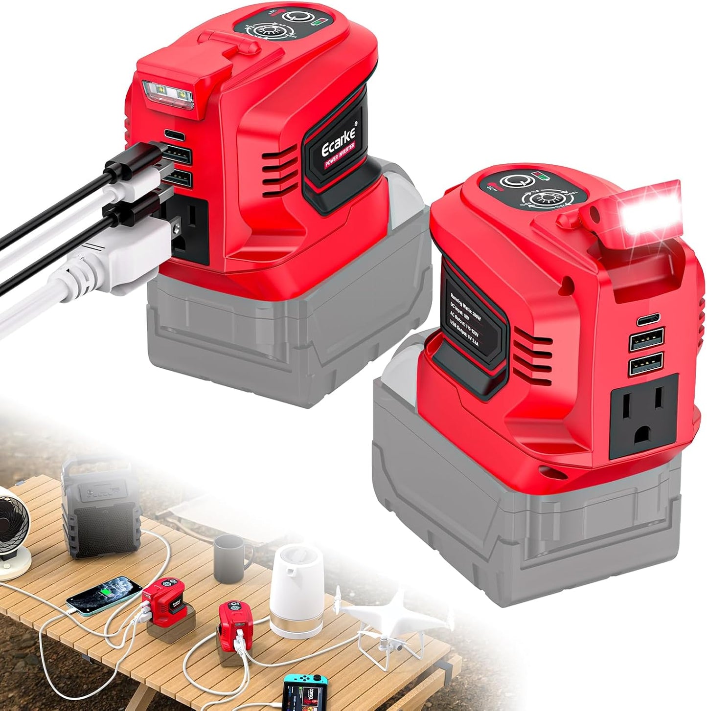200W Portable Power Inverter Compatible with Dewalt 20V,Ecarke Outdoor Generato Battery Converter with 2 USB&amp;LED&amp;AC Battery Powered Outlet (2PC Compatible with DeWalt 20V)