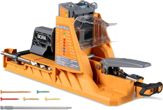 BORA Automatic Pocket Hole Jig with 50 Color-Coated Screws, Auto Adjusting Drill Guide, Pocket Hole Jig Kit for Woodworking - For Materials 1/2 inch to 1 1/2 inch Thick, BR-A170201