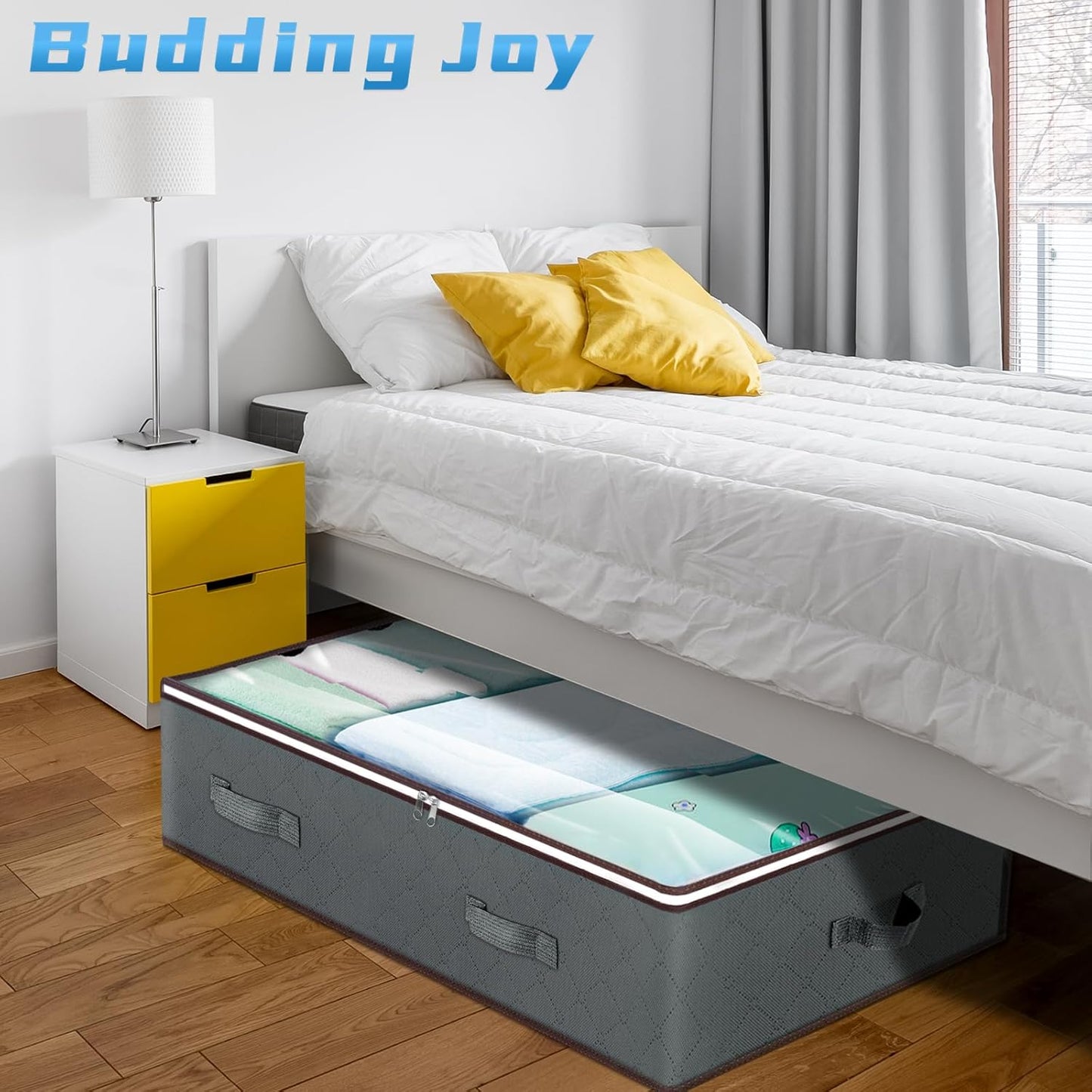 Budding Joy 90L Under Bed Storage Containers, Closet Organizers and Storage Bins, Foldable Underbed Storage Bags for Blanket, Clothing, Comforter, Sweaters, Pillows, Linen Sheets, Wrapping Paper, Grey