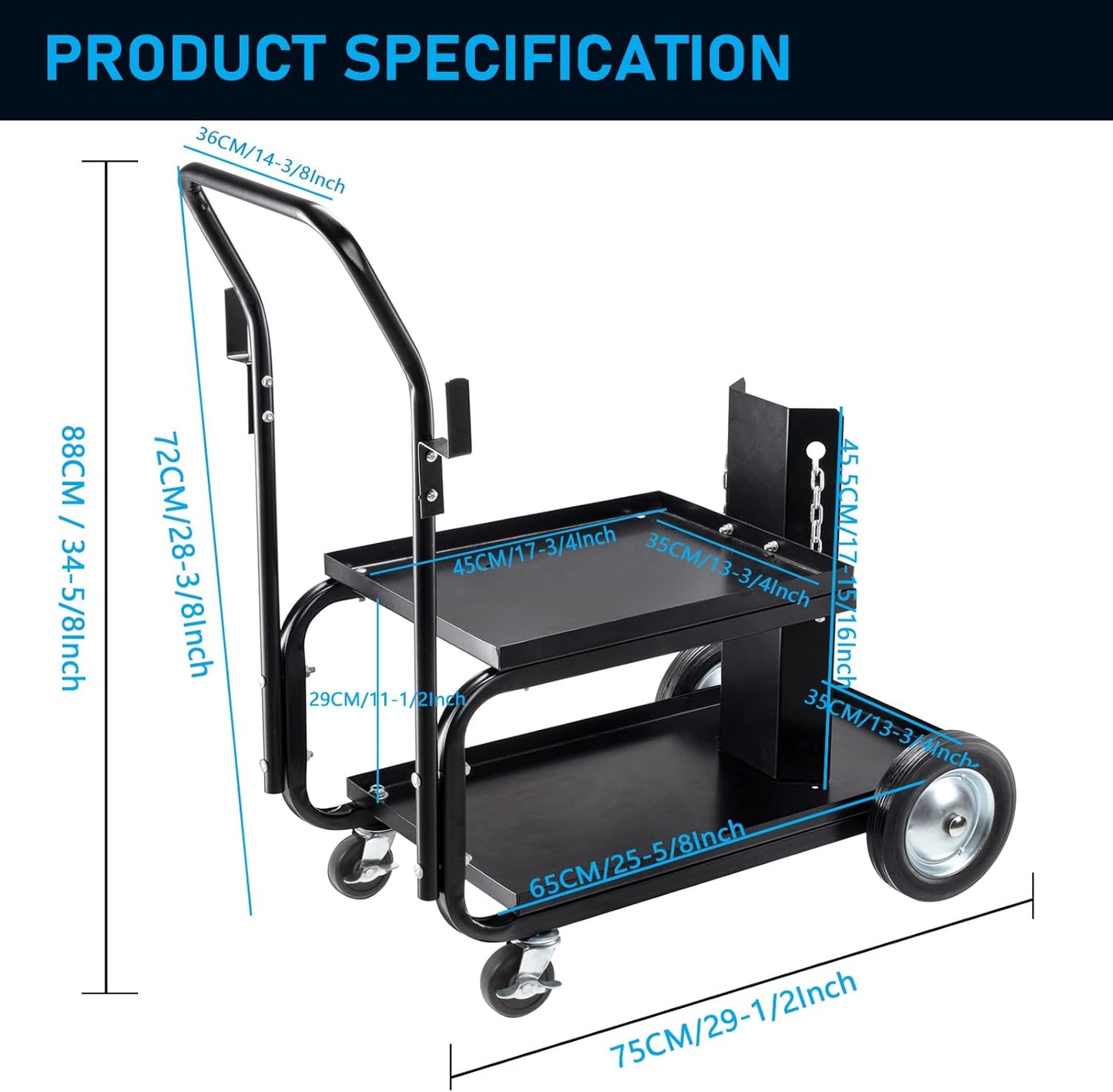 Welding Cart, MIG TIG ARC Welder Cart w/Upgraded Handle, Galvanized Casters,175lbs Capacity Portable Welding Tank cart, Plasma Cutting Machine, Larger Running Gear with Cylinder Rack