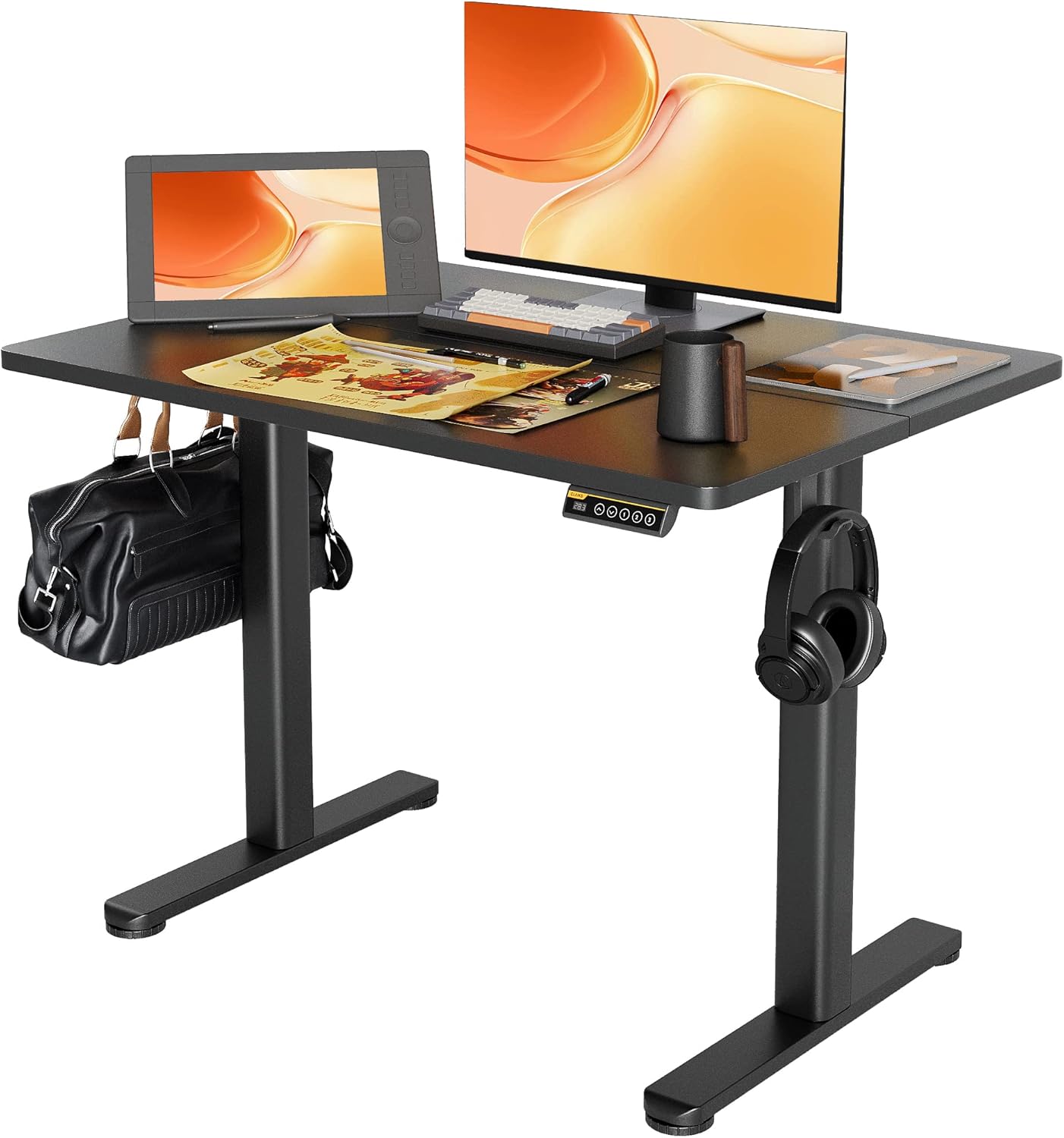 Claiks Electric Standing Desk, Adjustable Height Stand up Desk, 24x48 Inches Sit Stand Home Office Desk with Splice Board, Black Frame/Rustic Brown Top