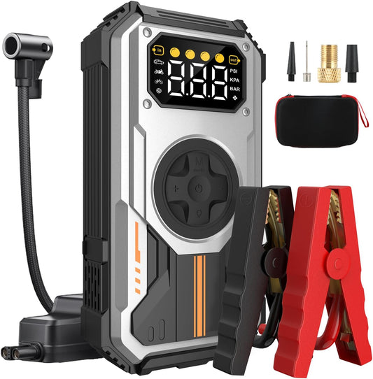 Car Battery Jump Starter with Air Compressor, Rechargeable Car Jumper Portable 6000A (Up to 7.5L Gas, 6L Diesel), LCD Display LED Flashlight Operating Temperature -20℃ to 70℃ (PD-270, 6000A)