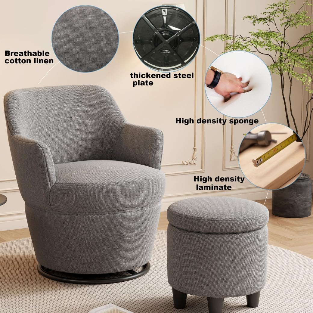 360° Swivel Accent Chair with Ottoman, Lounge Sofa with Nail Trim, Living Room Chairs, Bedroom Chair, Vanity Chair, Swivel Barrel Chair, Gray