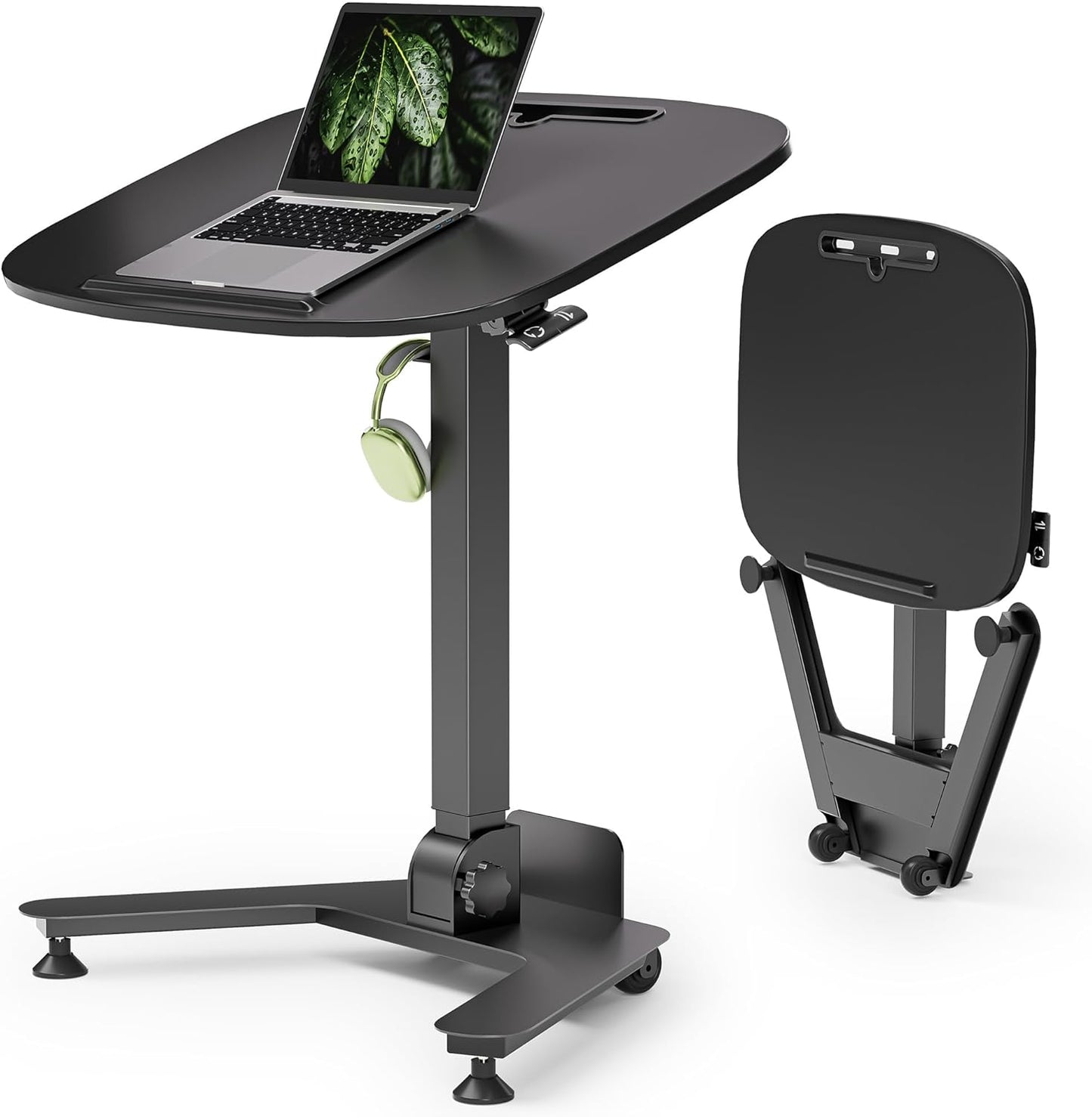 Rolling Desk Adjustable Height with Drawer and Wheels, Portable Small Standing Desk Pneumatic for Home Office, Mobile Computer Laptop Desk Cart, Medical Sofa Overbed Table, Oak