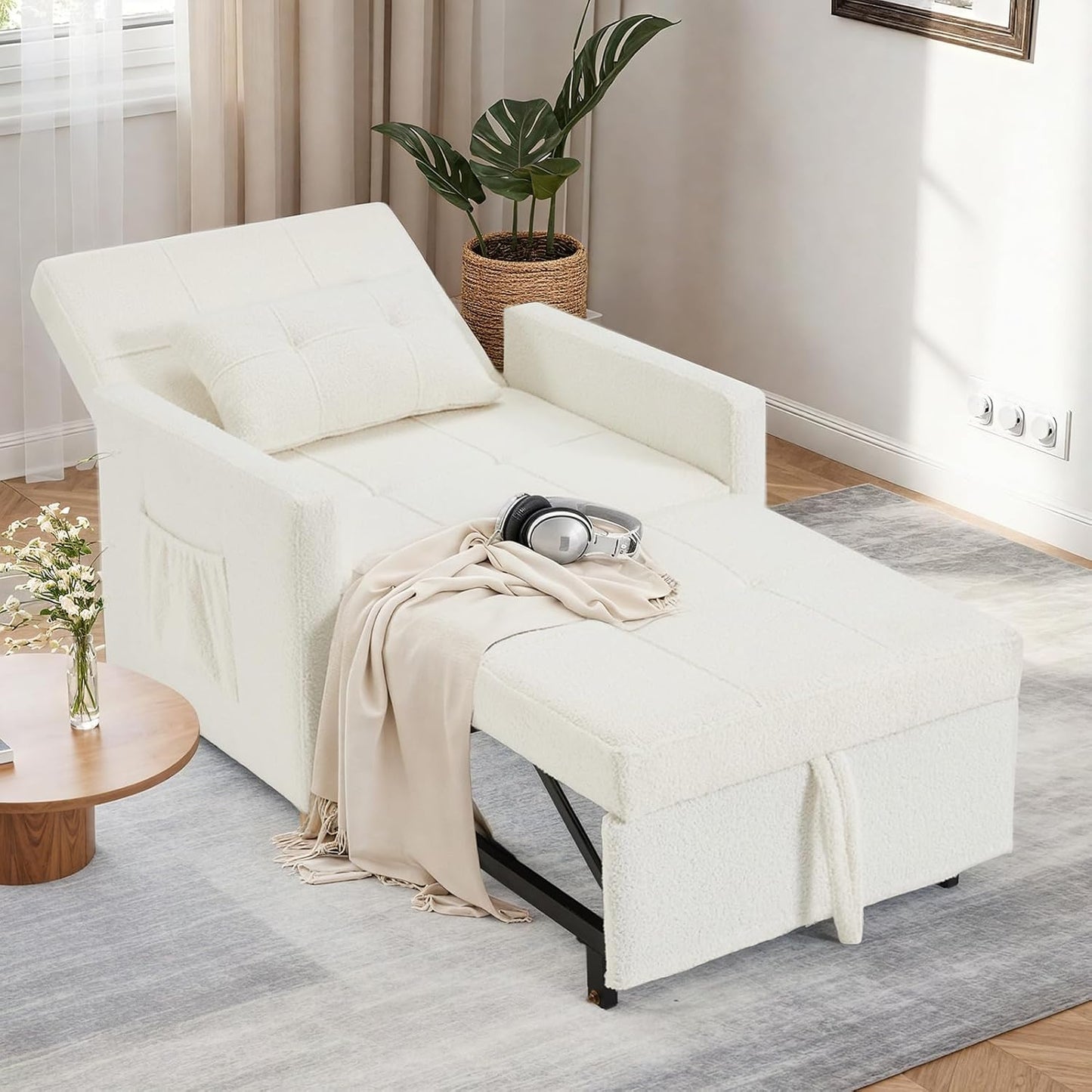 31.5" Sleeper Chair, Convertible Chair Bed for Adults, 3-in-1 Pull Out Sofa Chair with Side Pocket, Pillow and Adjustable Backrest for Small Space, RV, Apartment, Living Room, Dark Grey