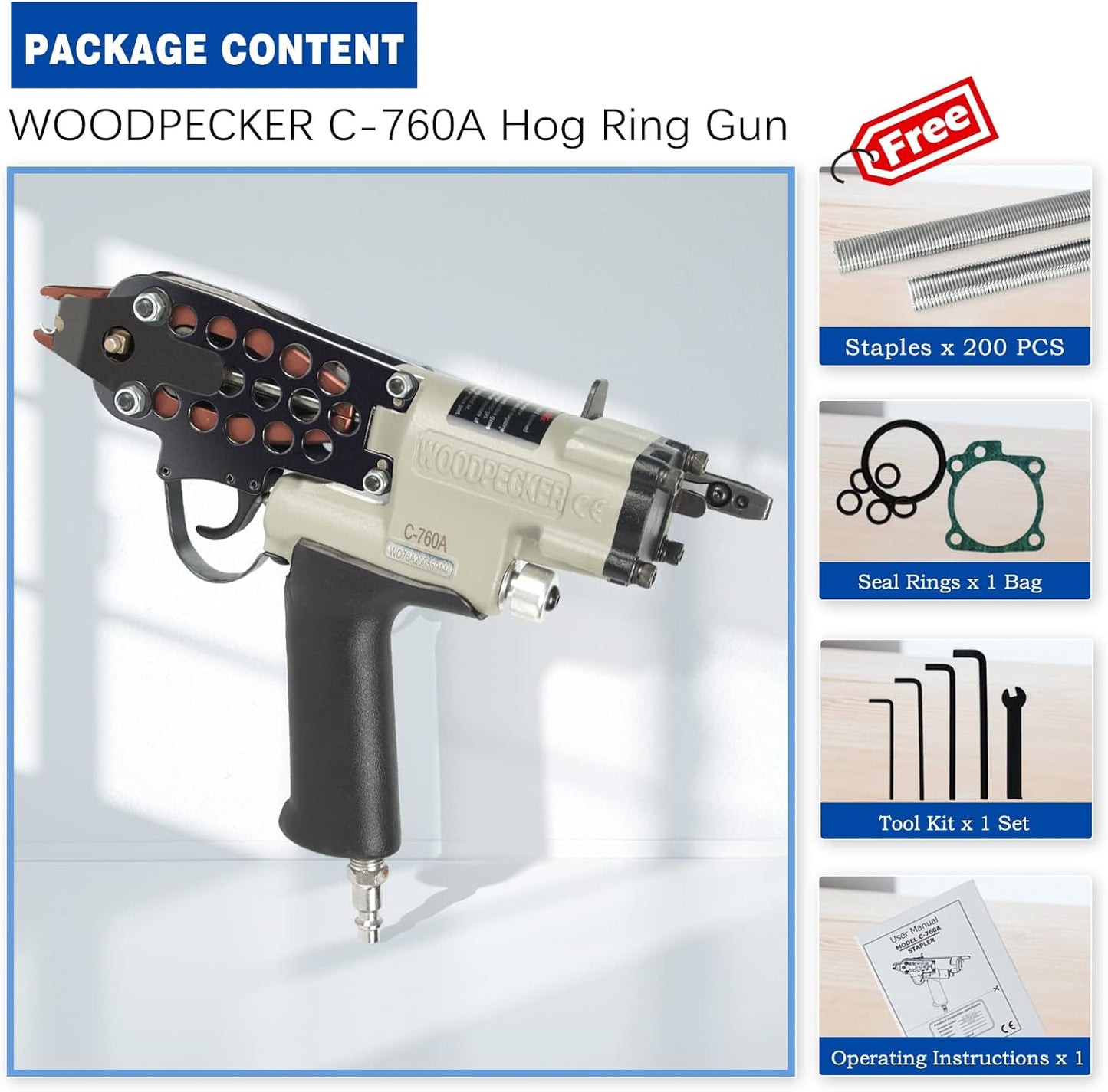 Woodpecker C-760A 16 Gauge 1/2-Inch 3.0-4.8mm Closure DiameterC Ring Piler Pneumatic C Ring Tool Hog Ring Plier C Ring Gun for Mattress