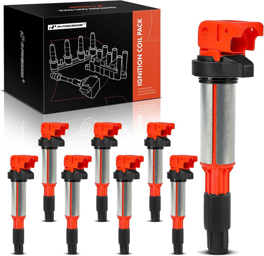 A-Premium (Red) Engine Ignition Coil Pack Compatible with BMW X5 2003-2009, 545i 2004-2005, 550i 2006-2009, 745i/745Li 2002-2005, 750i/750Li 2006-2008, 645Ci, 650i, Alpina B7, Aero 8, 8-PC Set