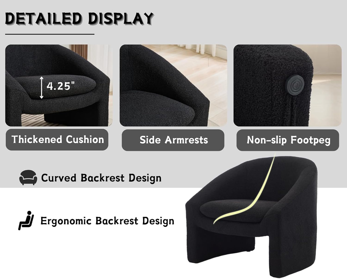 CIMOTA Barrel Black Accent Chair Sherpa Cozy Reading Armchair Modern Single Sofa Chair Upholstered Comfy Lounge Chair for Bedroom/Living Room/Indoor, Boucle