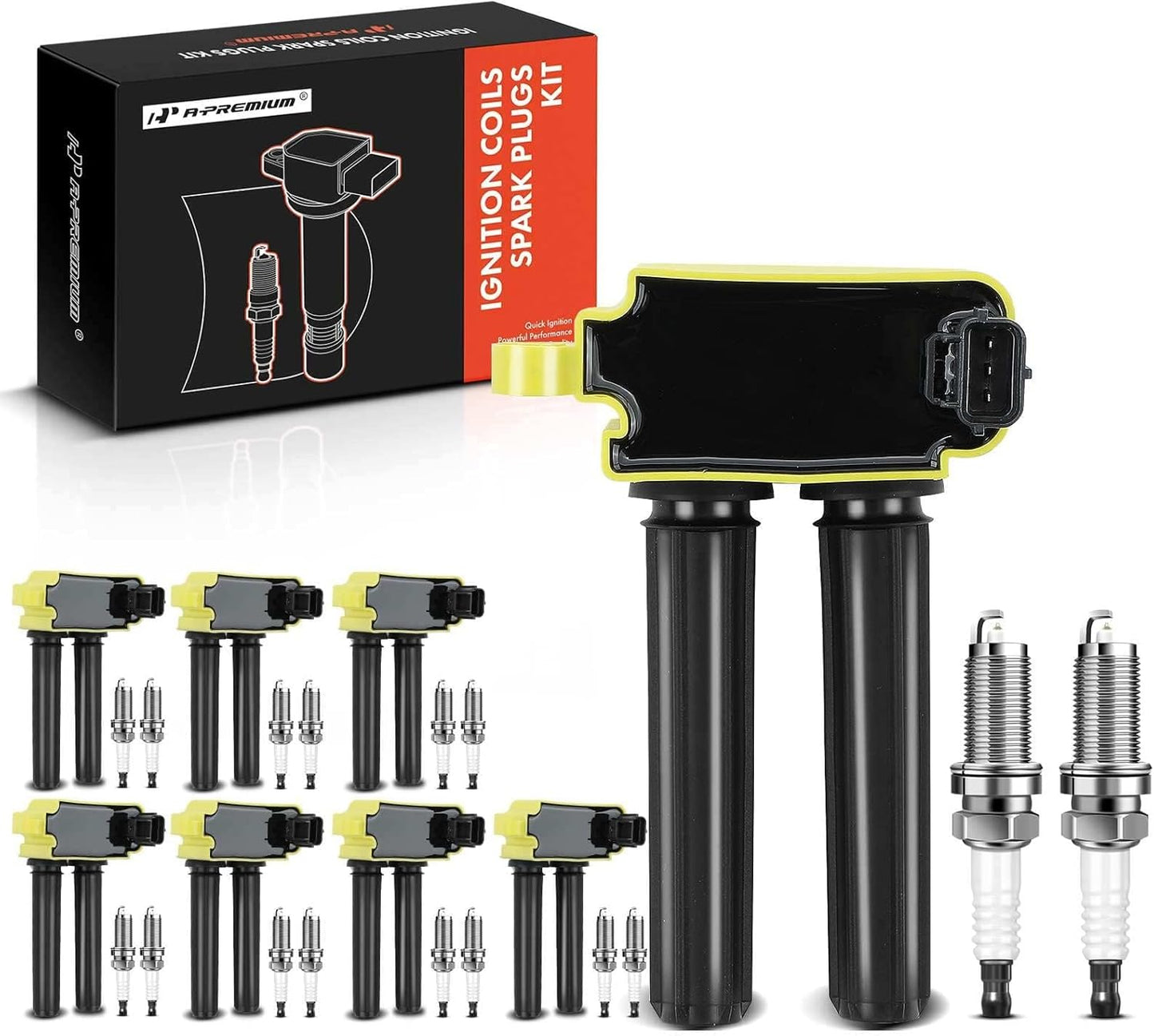 A-Premium 8x (Black) Ignition Coil Pack and 16x Iridium Spark Plugs Compatible with Dodge Ram 1500 2500 3500 Durango Challenger Charger & Jeep Grand Cherokee & Chrysler