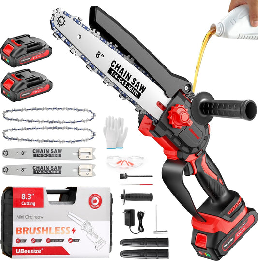 UBeesize Mini Chainsaw Cordless 8inch | Longer Runtime | Brushless Motor | Ergonomic Handle Design | Easy to Install | Professional Battery Chainsaw Perfect for Tree Trimming,Wood Cutting, Garden Work