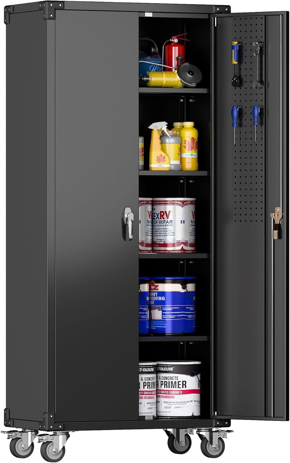 71" H Broom Storage Cabinet with Wheels and Doors,Rolling Tool Cabinet with Pegboard,Shelves and Rod for Garage Warehouse Home,Required Assembly,Black
