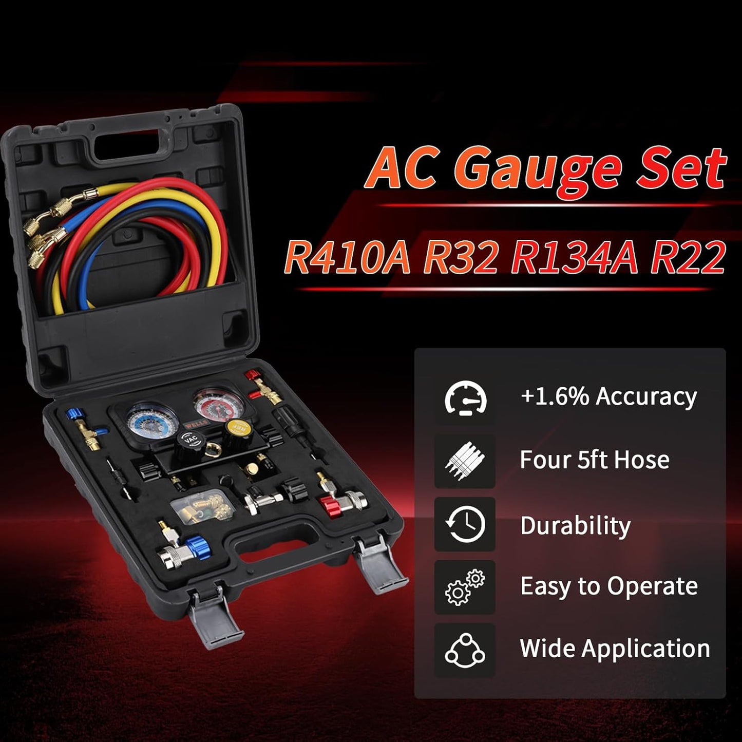 Wells AC Gauge Set HVAC Tools R410a R134a R32 R22 Refrigerant for Home 4 Way AC Diagnostic Manifold Gauge Set with 5ft Hoses, Couplers Puncture, Can Tap, Works on Car Freon Charging and Evacuation
