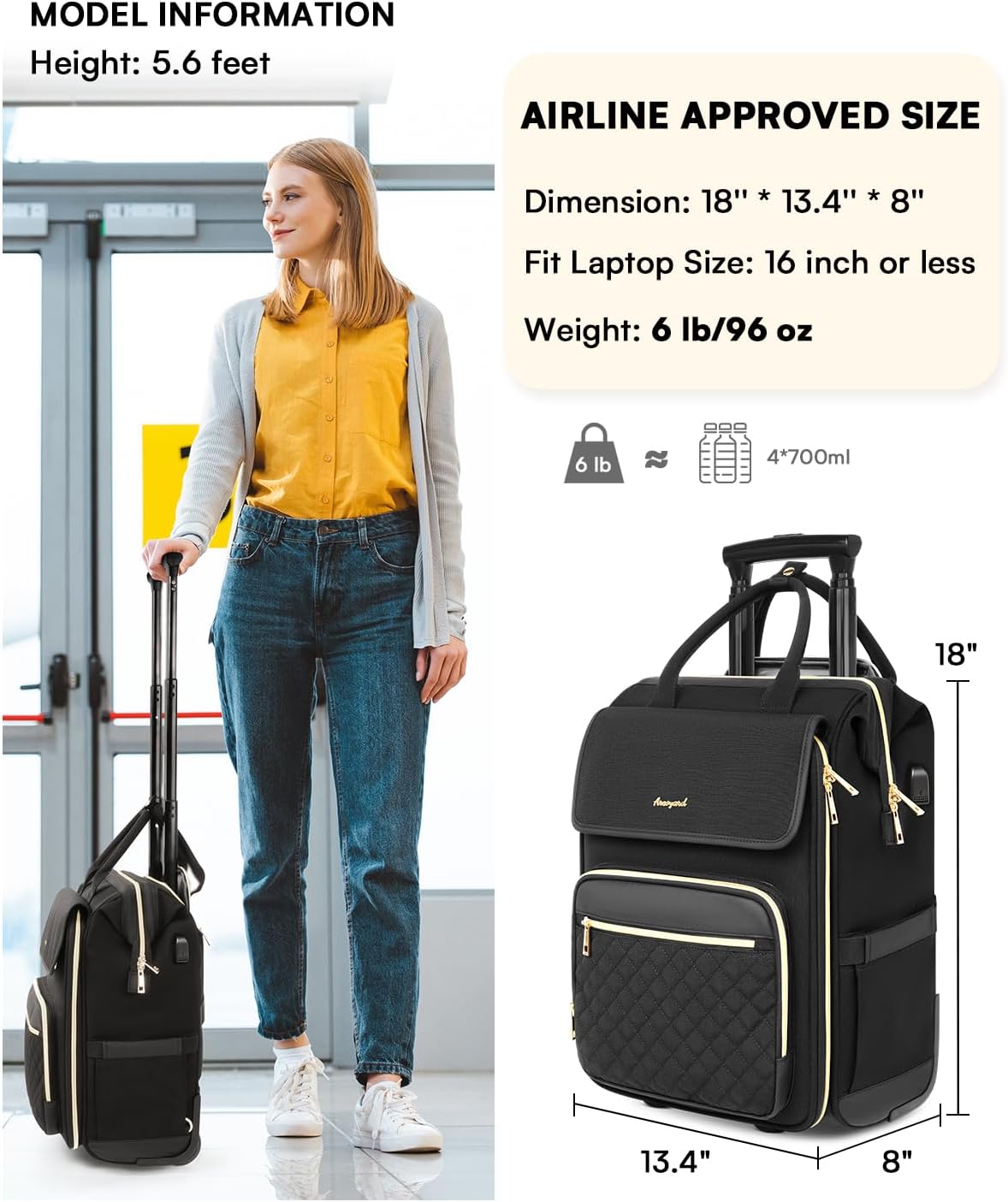 Rolling Backpack for Women, Travel Rolling Laptop Backpack with Wheels, Vertical & Horizontal Storage 2 In 1, Flip-Top Design, Water-Resistant Overnight College Underseat Carry on Luggage